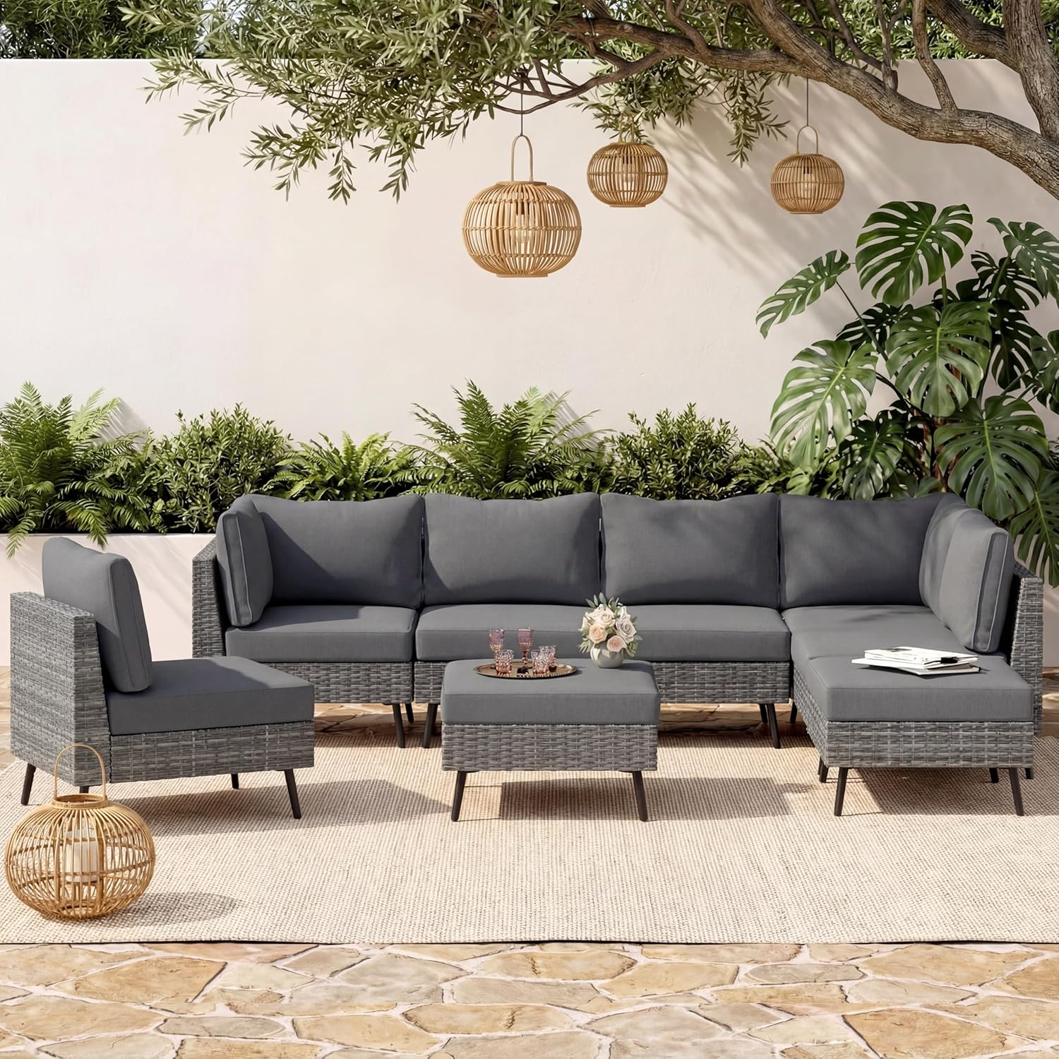 8-Piece Patio Furniture Set, Outdoor Sectional Sofa PE Rattan Outdoor Patio Furniture with Thick Cushions, All Weather Patio Conversation Sets for Garden, Poolside, Backyard(Grey)