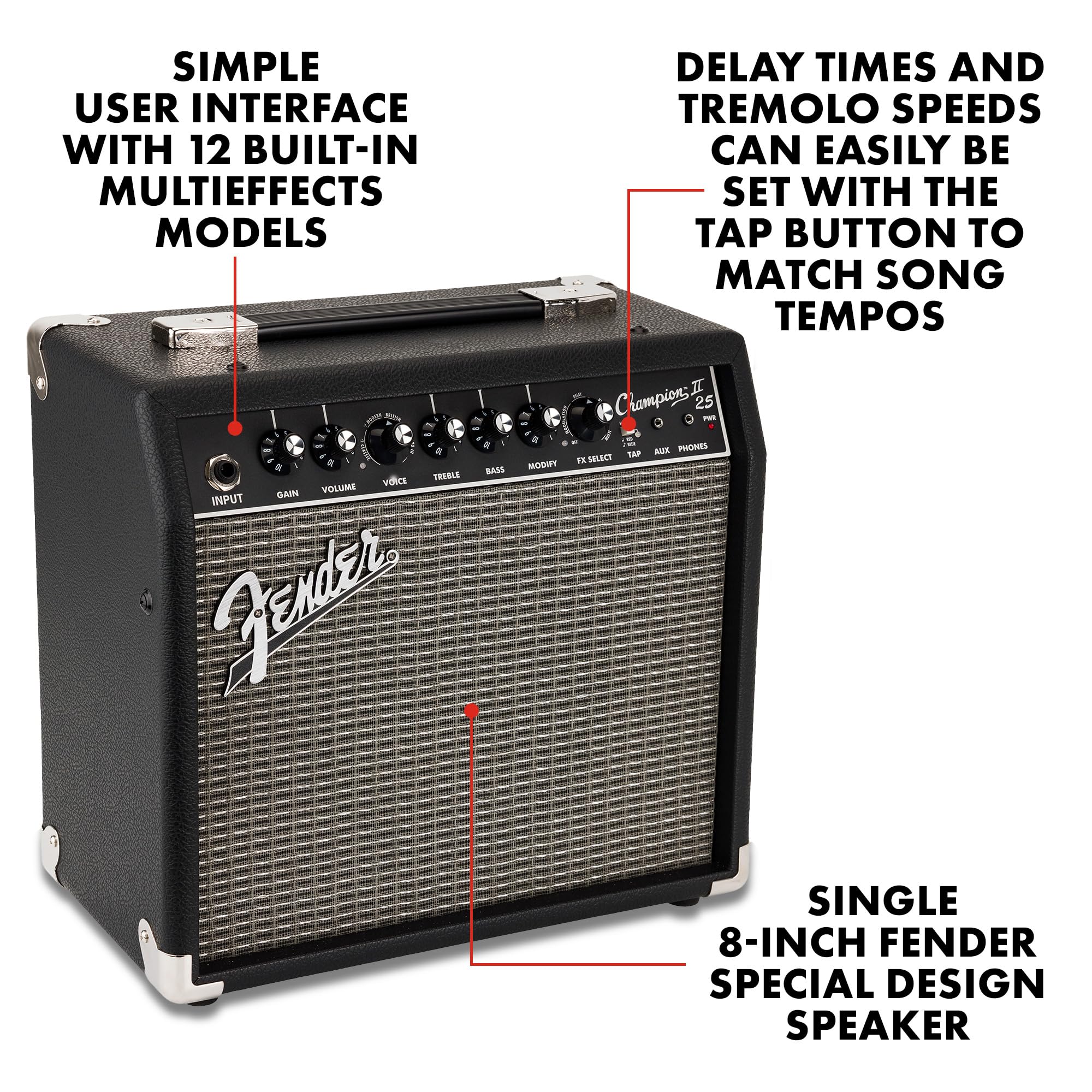 Fender Champion II 25 Gitarrenverstärker, 25 Watt, mit 2 Jahren Garantie, verfügt über 12 integrierte Effektmodelle
