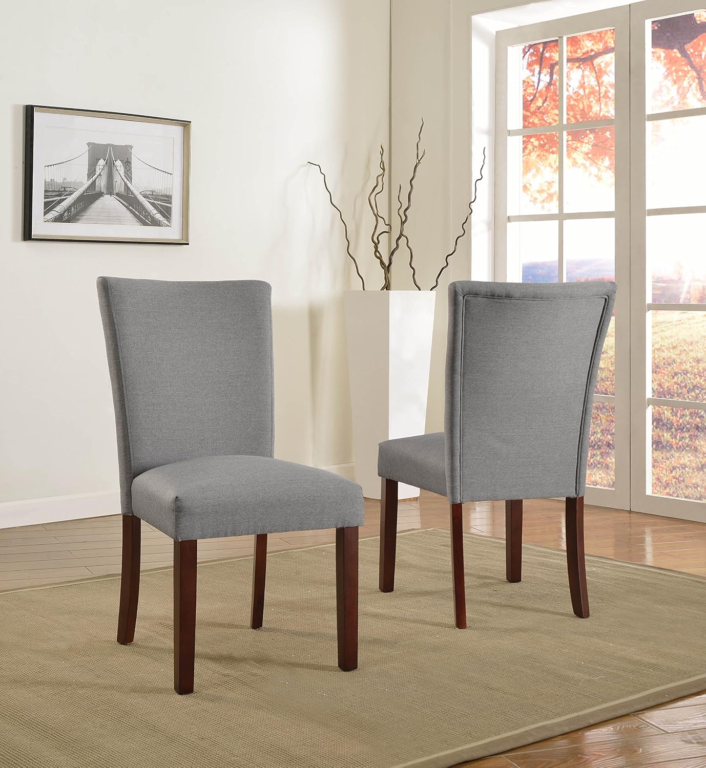 Container Furniture Direct Sally Collection Classic Upholstered Fabric Dining Side Chair with Black Legs, Set of 2, Grey