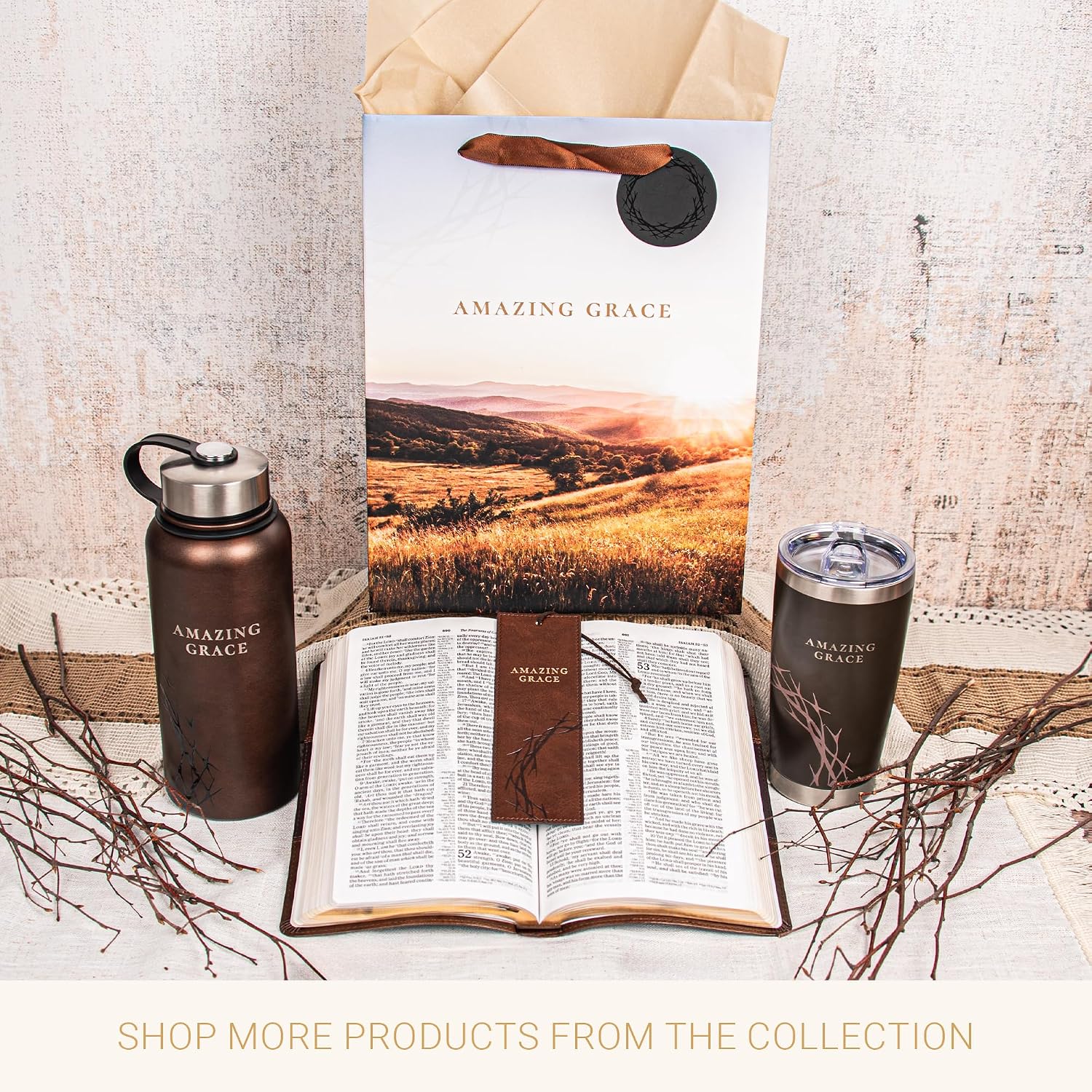 Christian Art Gifts Large Insulated Stainless Steel Vacuum Sealed Travel Mug Tumbler for Men & Women: Amazing Grace Crown of Thorns Design, Leak-Proof Retractable Lid, All Day Hot/Cold, Brown, 18 oz.