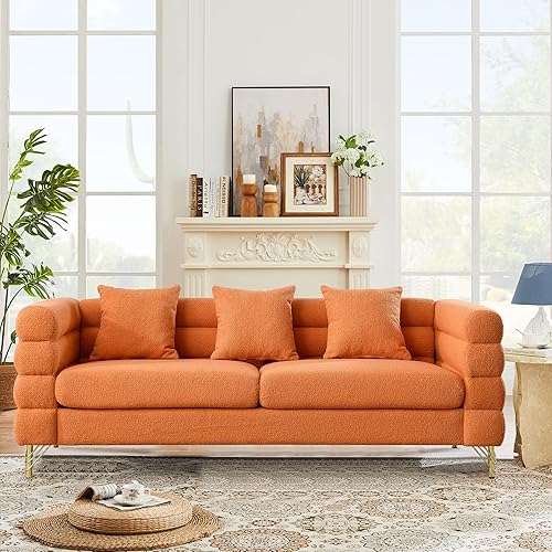 Sofá de peluche, sofá copetudo de 81 pulgadas, cómodo sofá de 3 plazas con patas de metal dorado, moderno sofá seccional de asiento profundo, sofá