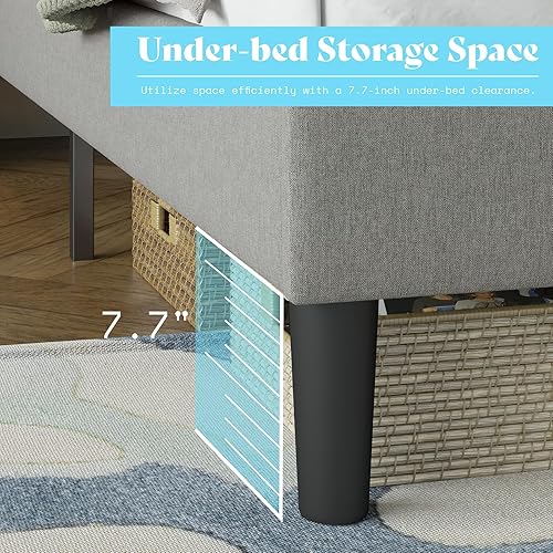 Miniatura 7 de AMERLIFE Base de cama con plataforma capitoné con botones y luces LED, base de cama tapizada con estación de carga, soporte de listones de madera,