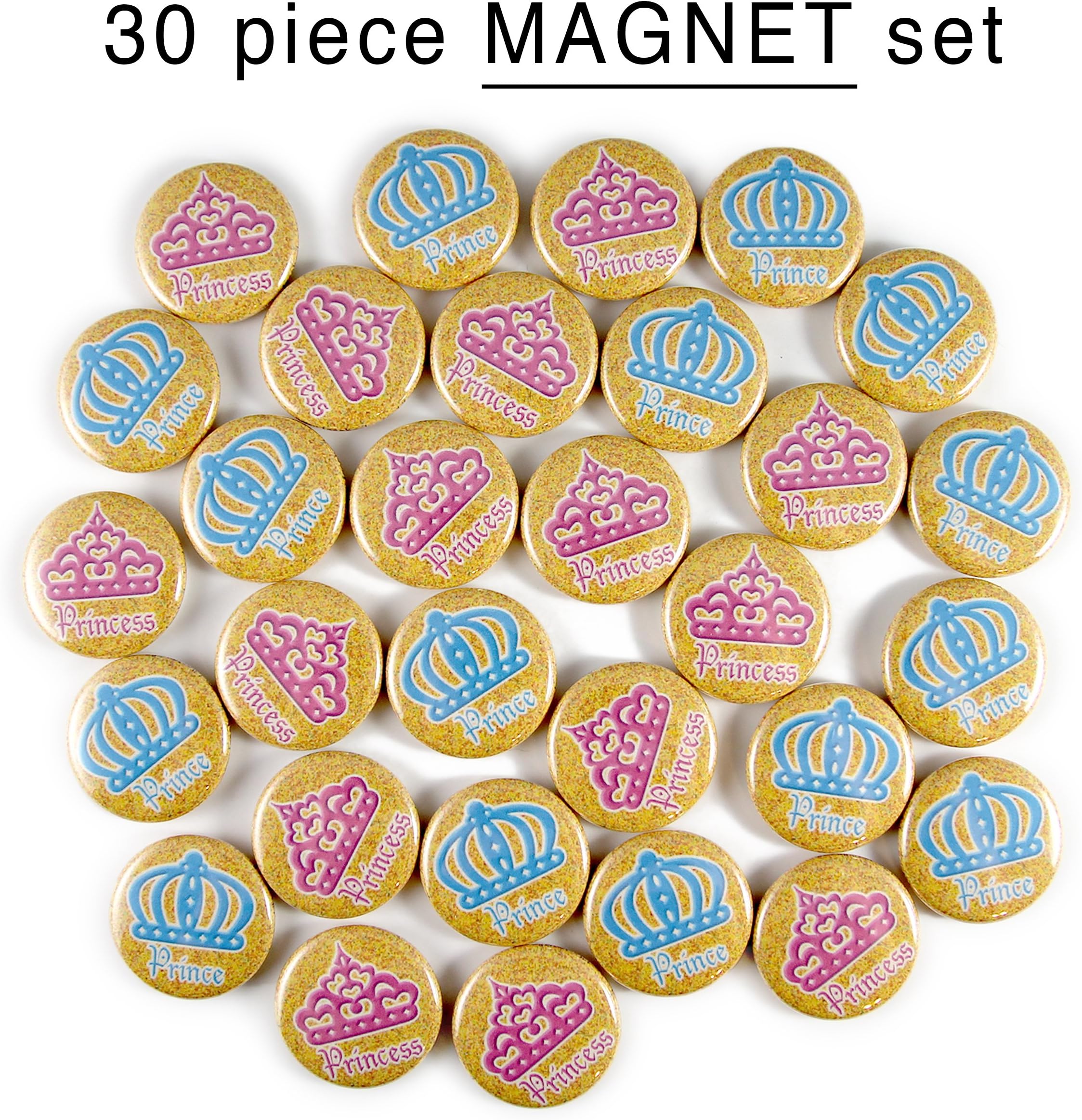 30 Prince or Princess Mini- Magnets. 1" Gender Reveal Buttons. Party Favors.