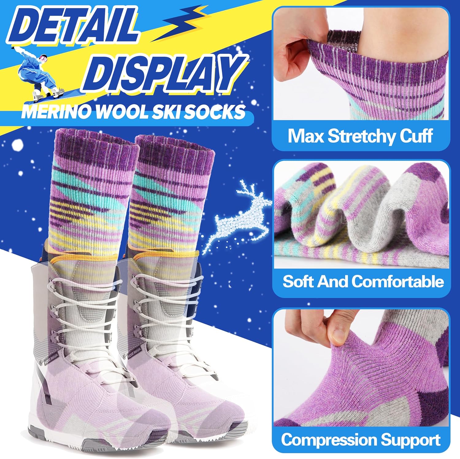 ANTSANG Kids Merino Wool Ski Socks 3 Pairs Boys Girls Thermal Warm Thick Winter Cushioning Socks for Snowboarding Skiing