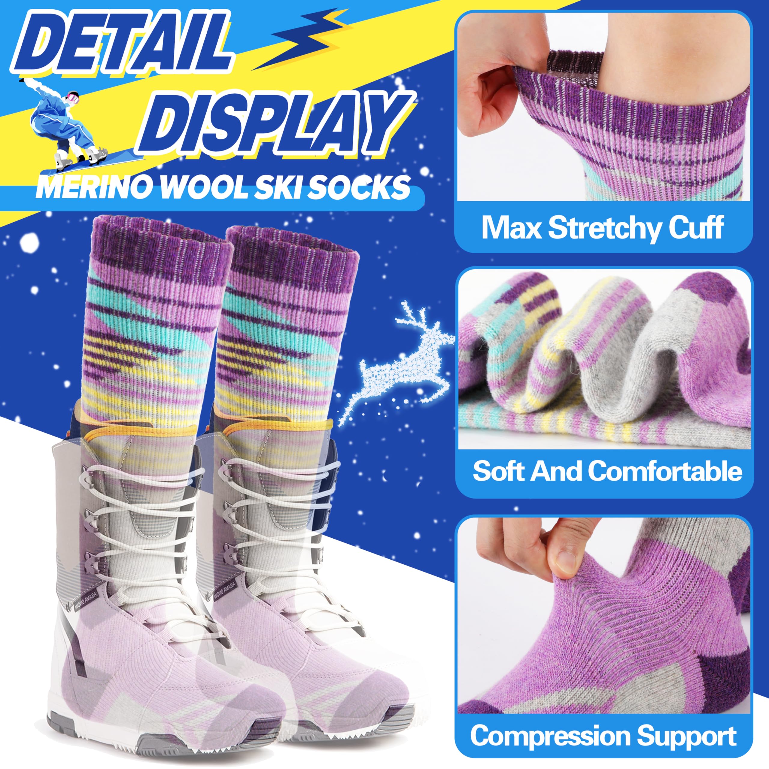 ANTSANG 3 Pares Calcetines Ski Lana Merino Niños Niñas Térmicos Abrigados Invierno Gruesos Acolchados para Snowboard Esquí
