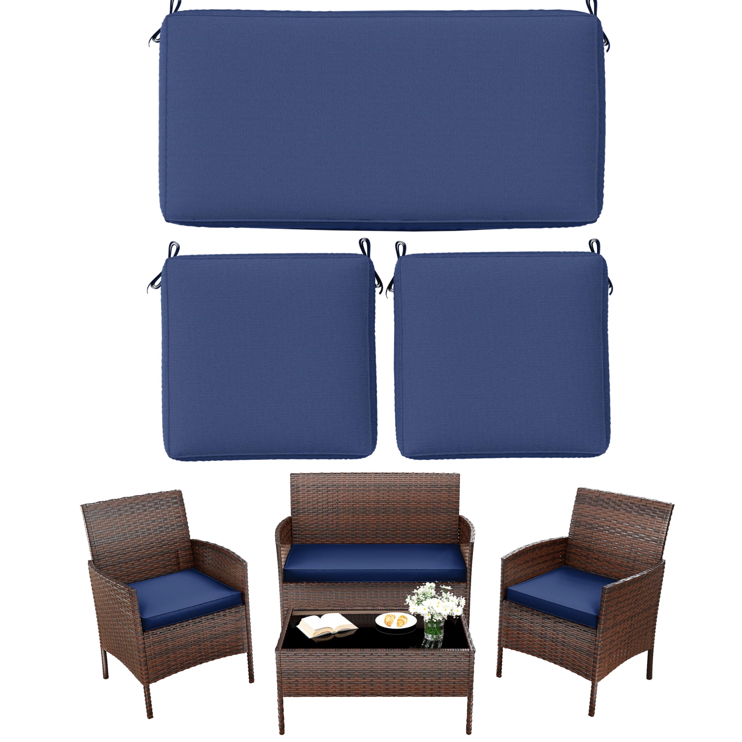 Pakunoda 3 Pack Outdoor Replacement Cushions, Fit for 4-Seater Wicker Rattan Patio Conversation Set, 36x18x3,18x18x3, Liner & Cover