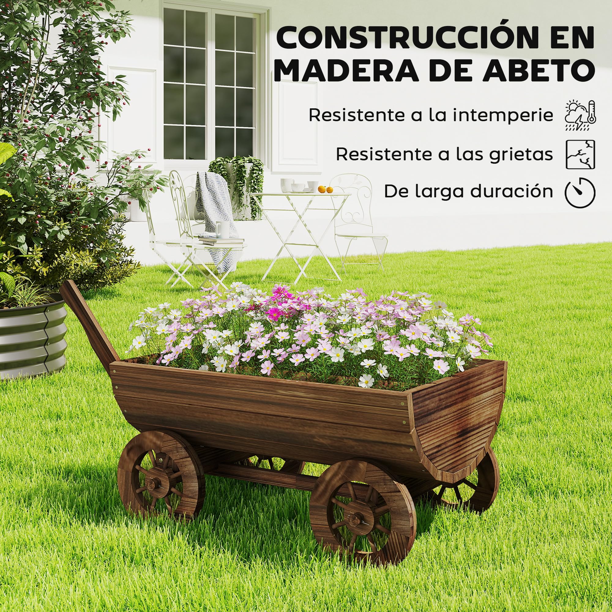 Outsunny Carrito de Madera Decorativa con 4 Ruedas y Mango 115x40x54,5 cm | Jardinera Exterior Móvil con Orificio de Drenaje, Macetero Exterior para Cultivos, Plantas, Jardín, Terraza, Carbonizado