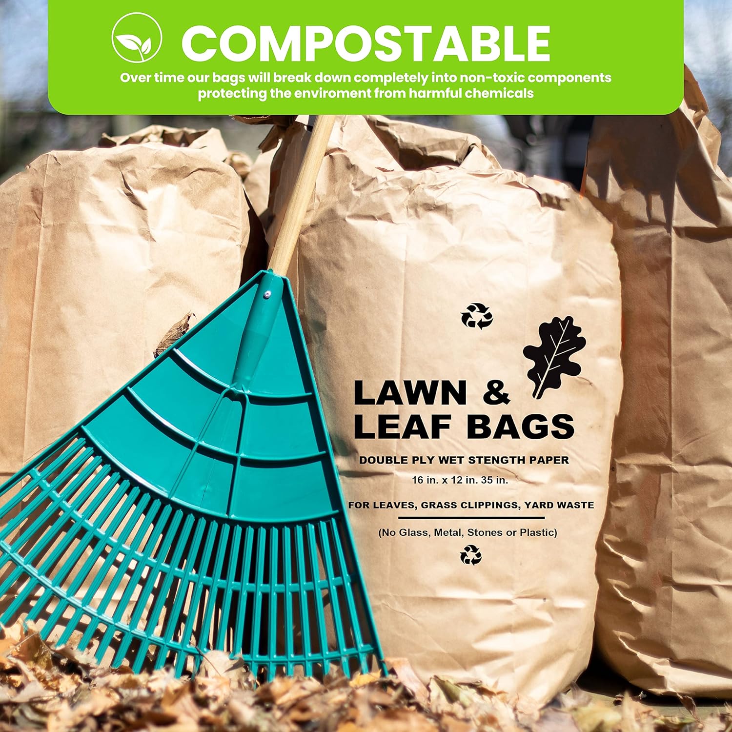 Lawn and Leaf Bags 30 Gallon - Pack of 10 - Tear Resistant Eco-Friendly Trash Bags for Wet/Dry Leaves, Grass Clippings, and Twigs - Brown Recyclable and Compostable Yard Bags - Biodegradable Bags : Health & Household
