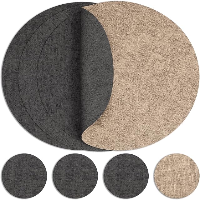 Myir JUN Leather Placemats and Coaster Set of 4, Table Mats Round Waterproof Dual Sided Kitchen Place Mats Coffee Mats Heat Resistant Placemat Non-Slip Washable (Gray Beige)