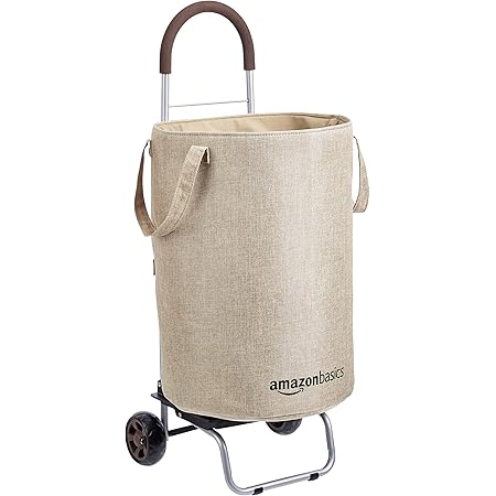 Amazon Basics Rolling Laundry Hamper Cart Converts into Dolly, 36 inch Handle Height, Beige