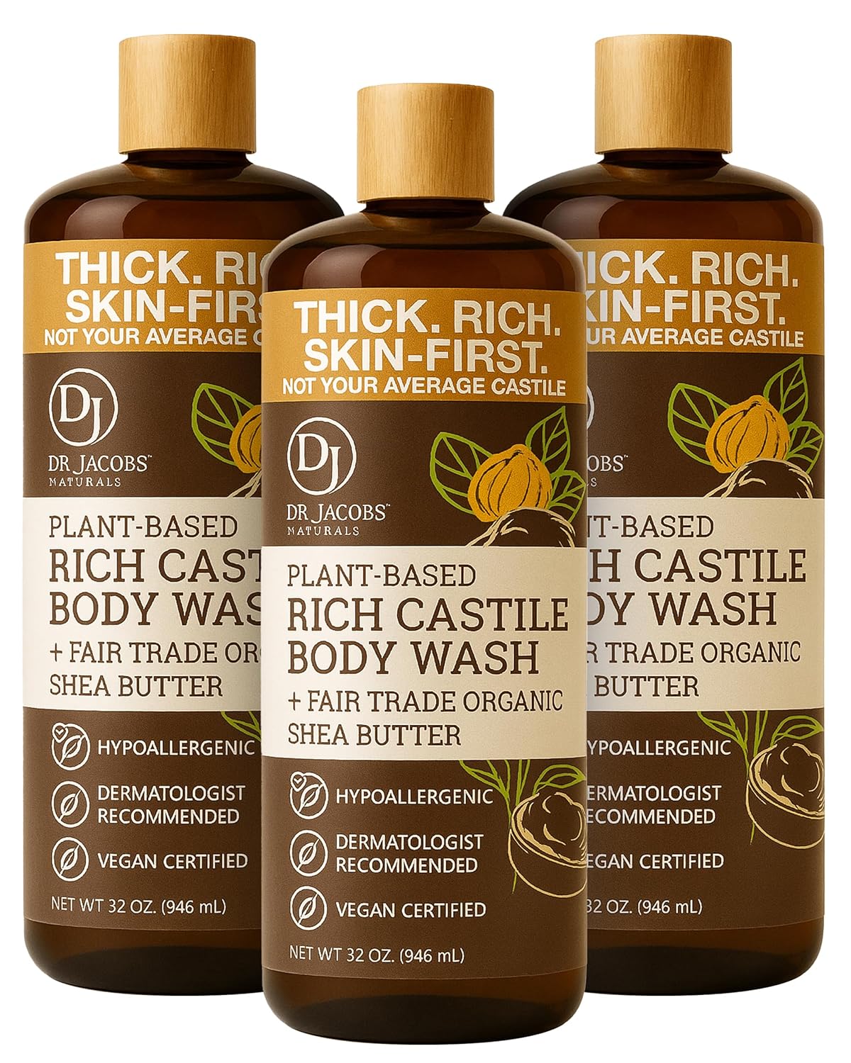 Dr. Jacobs Naturals Pure Castile Soap Liquid Body Wash, Shea Butter - All Natural Soap Infused with Vitamin E and Aloe Vera to Moisturize Dry and Sensitive Skin - Made in the USA - 32 oz, Pack of 3