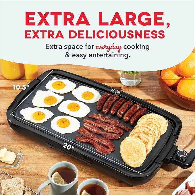 DASH Deluxe Everyday Electric Griddle with Dishwasher Safe Removable Nonstick Cooking Plate for Pancakes, Burgers, Eggs and more, Includes Drip Tray + Recipe Book, 20” x 10.5”, 1500-Watt - Black