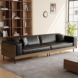98.42-inch Modern Minimalist Four-Seater Sofa with Comfortable high-Density Compressed Foam Cushions, Suitable for Living Rooms and Offices, in Black Leather.