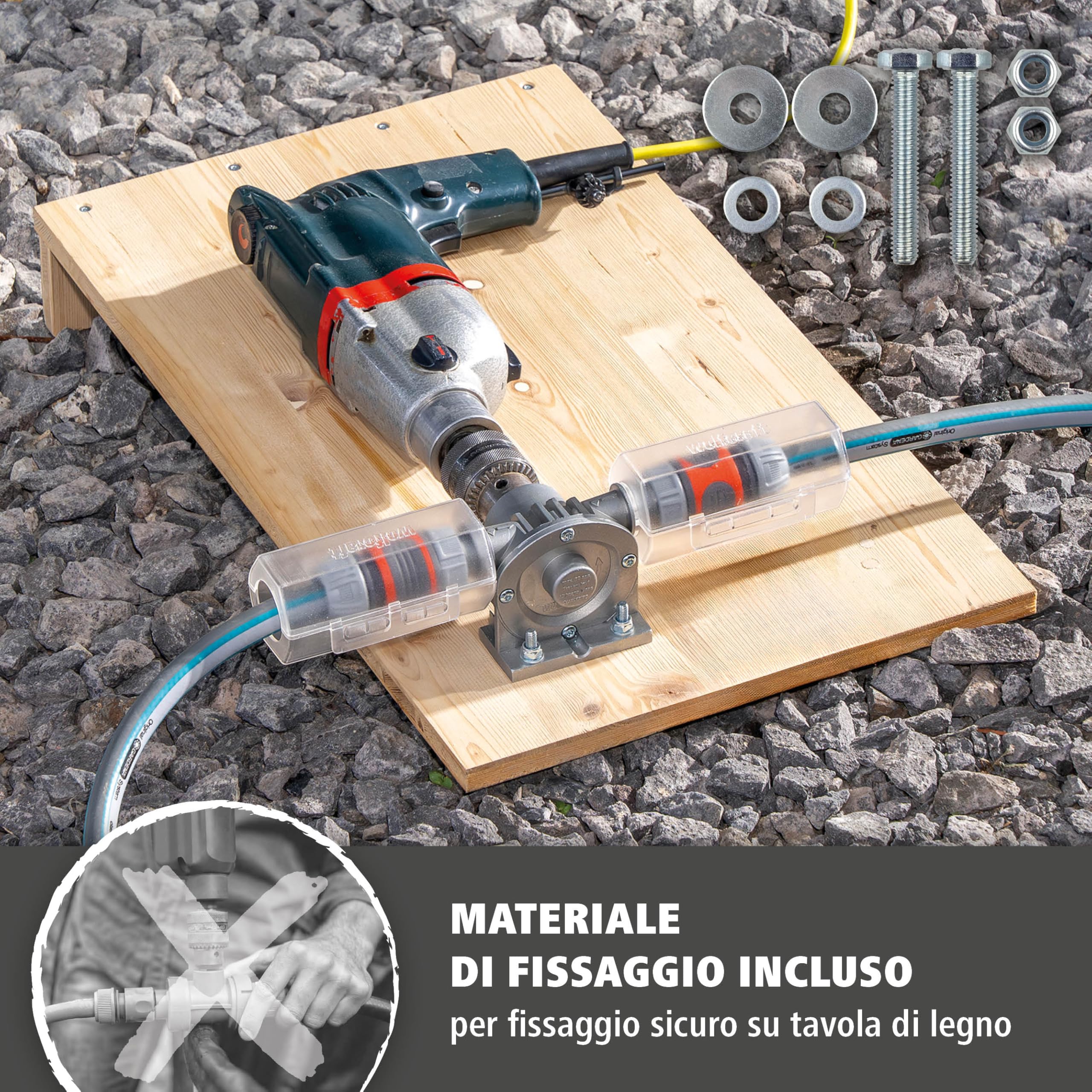 wolfcraft Pompa per Trapano PRO MAX 3000 l/h, Robusta Pompa in Metallo per Grandi Quantitativi di Acqua Non Potabile, Autoaspirante 3 m, Altezza 30 m – TÜV, Made in Europe – 4542000