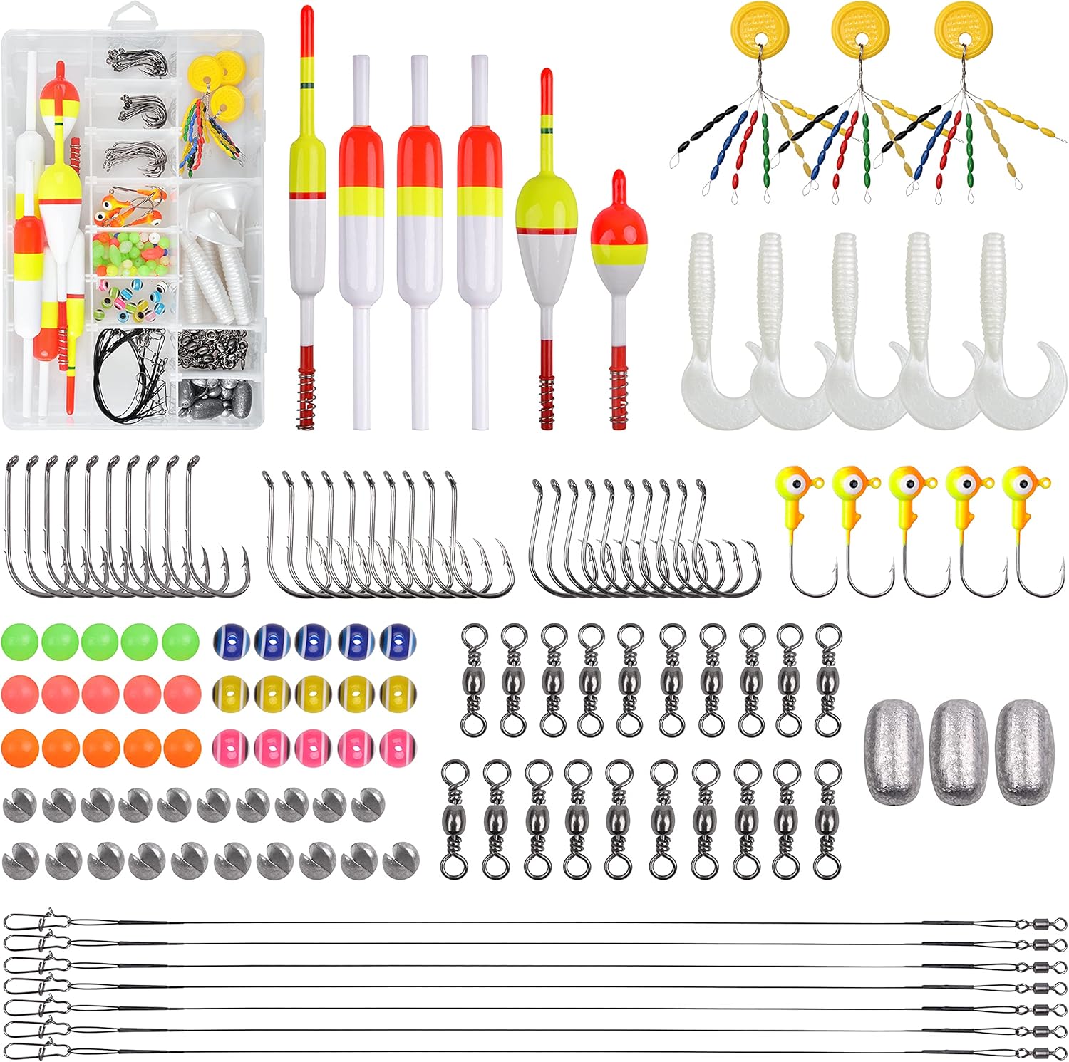 Fishing Tackle Kit,130pcs Fishing Gear with Slip Bobbers Leader Soft Lures Hooks Bobber Stoppers Jig Heads Sinkers Swivels Freshwater Saltwater Fishing Accessories for Bass Trout Crappie Walleye