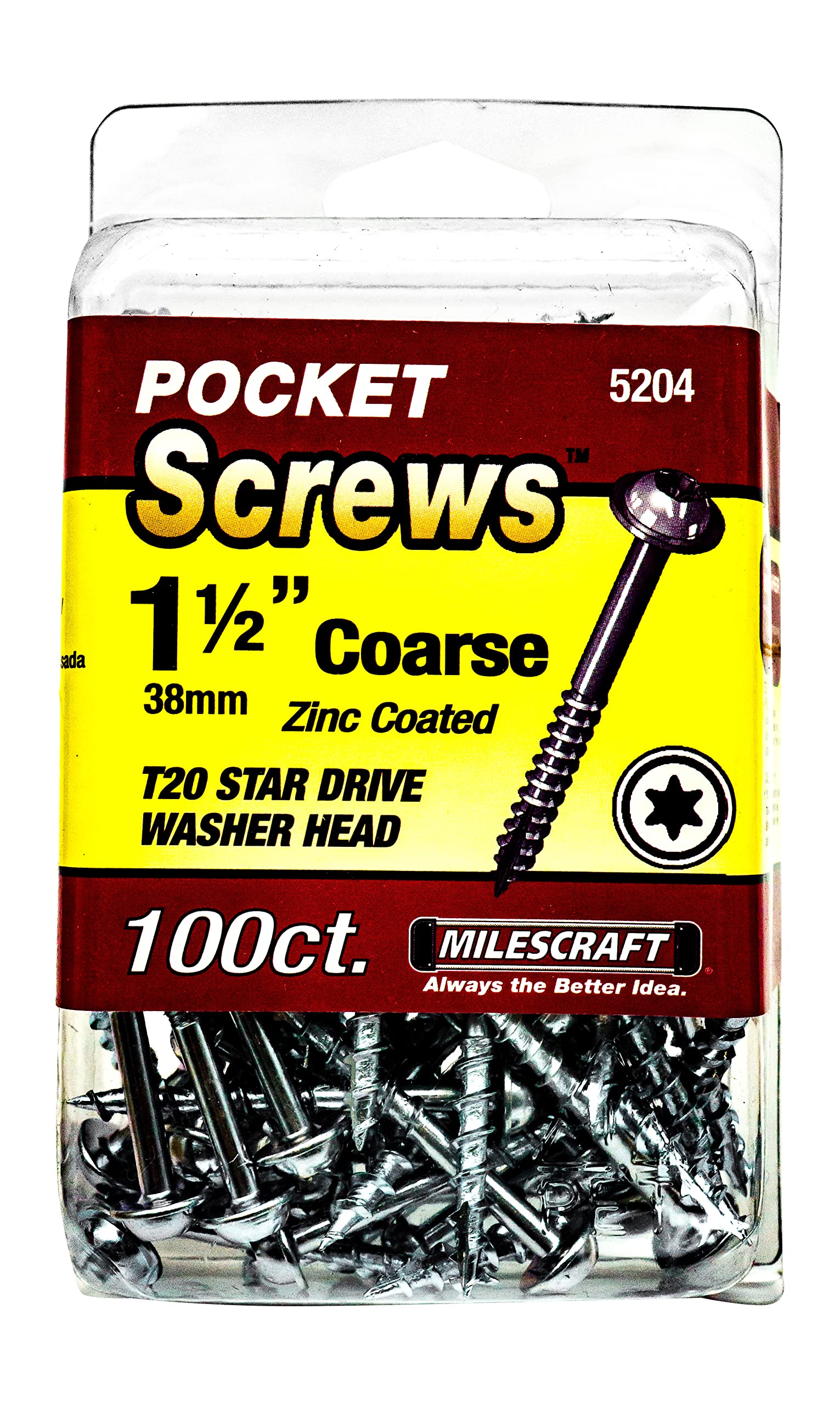 Milescraft 5204 Wood Pocket Hole Screws - #7 x 1-1/2" Washer Head with Coarse Thread (100pc.), Torx Drive Self-Tapping, for Indoor Use