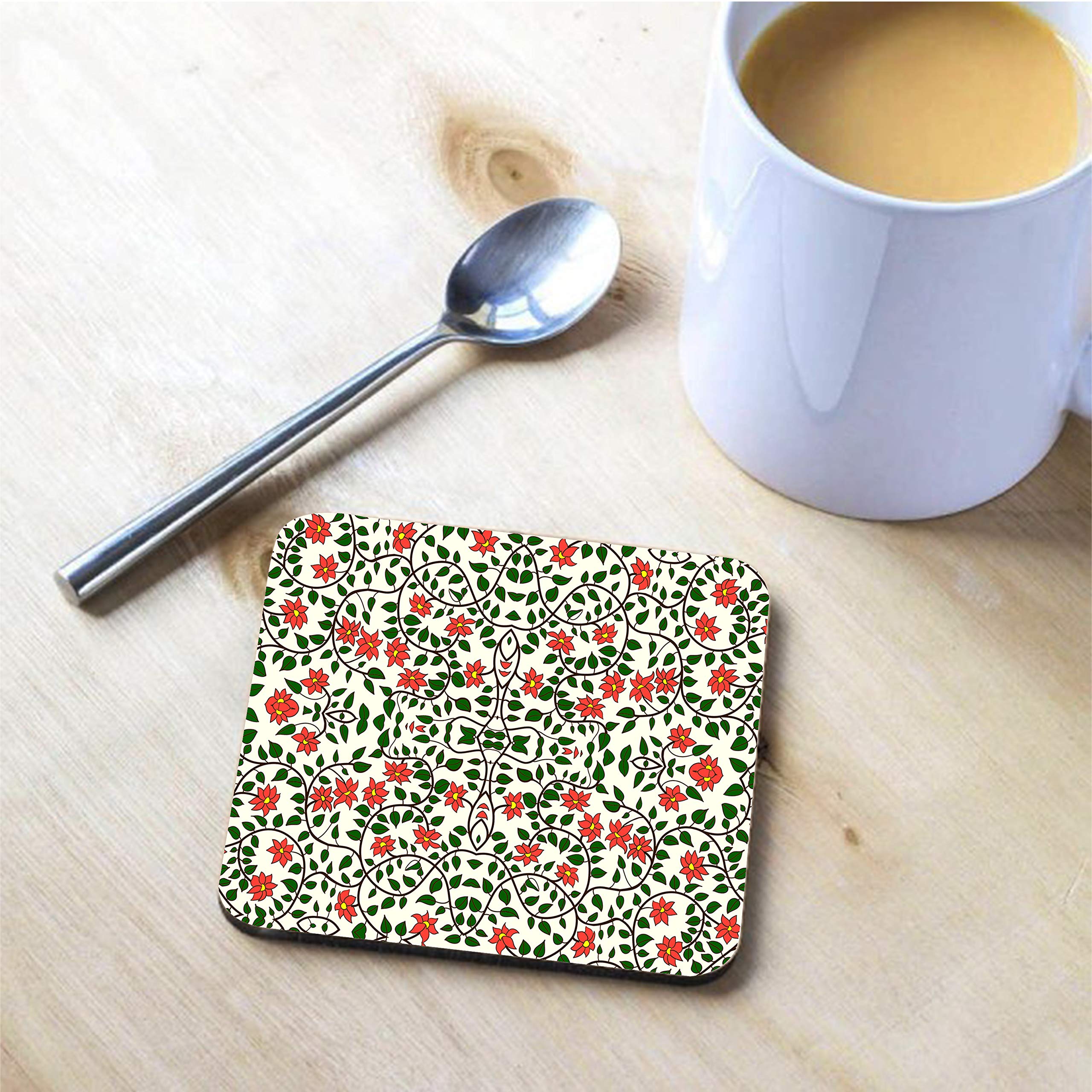Vratim® Wooden Floral Design Square Shape Coasters Set of 6 for Tea Cups, Coffee Mugs, Beer cans, bar tumblers and Water Glasses