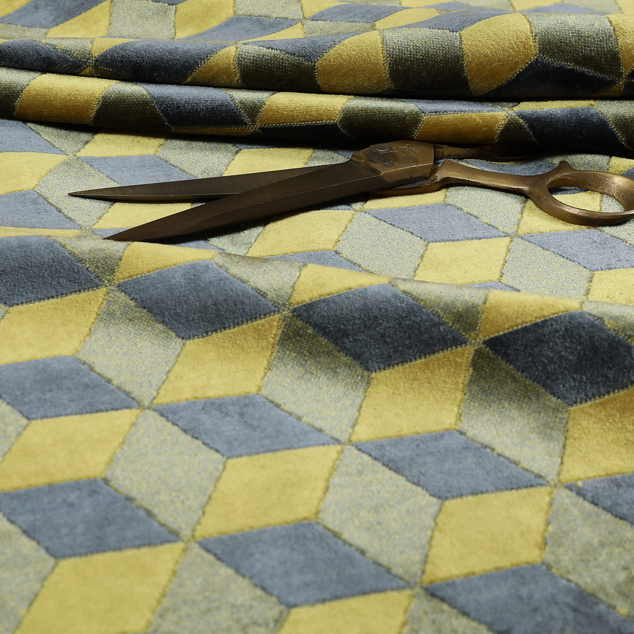 Redbrick Mill Fabrics Flame Retardant Geometric 3D Cube Pattern Yellow Grey Velvet Upholstery Fabric by The Metre (Per Metre)