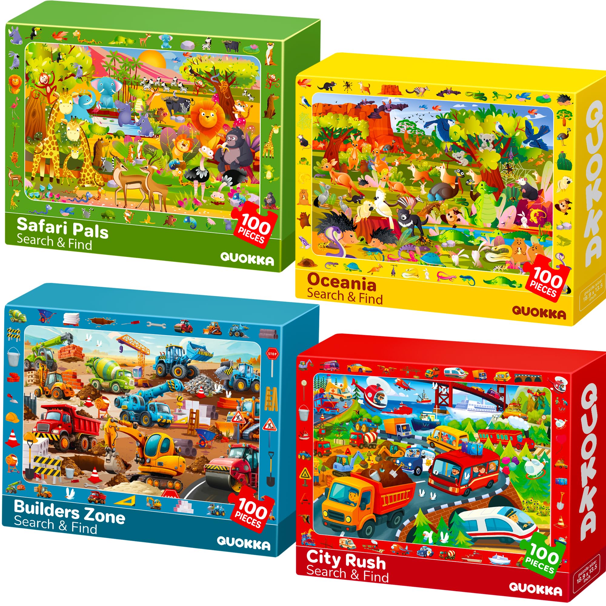 QUOKKA Kids Puzzles For 3 4 Year Olds - 4x100 Piece Jigsaw Puzzles For Children Age 5-8 - Educational Search & Find Game with Animals & Cars - Jigsaw Learning Toys for Girls & Boys Age 6 7 โ image 1