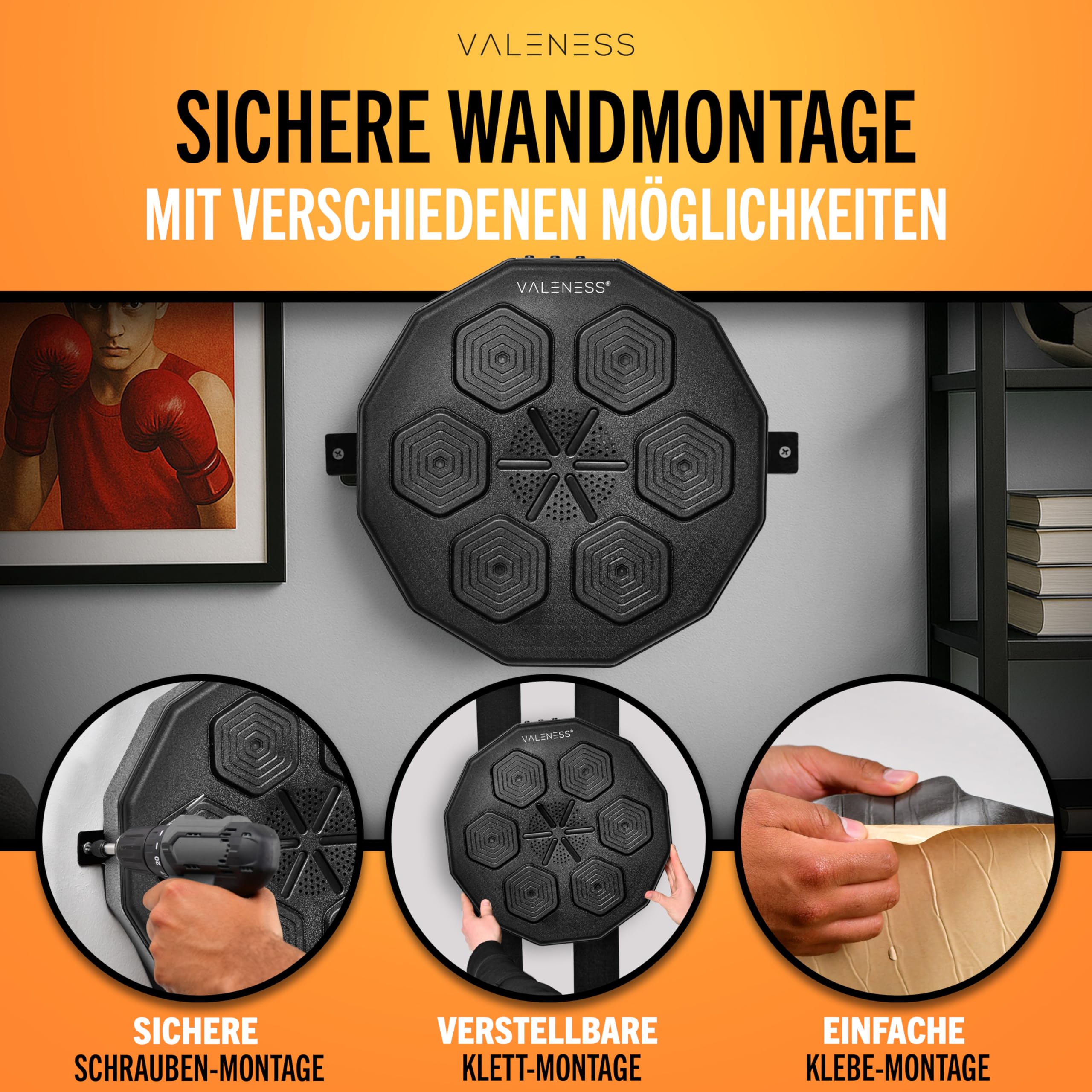 VALENESS® Musik Box Maschine – Smarte Boxing Machine mit Musik & LED – Boxmaschine mit Bluetooth, Zählfunktion & Boxhandschuhen – Wandgerät für Erwachsene & Kinder – Musik Power Boxing