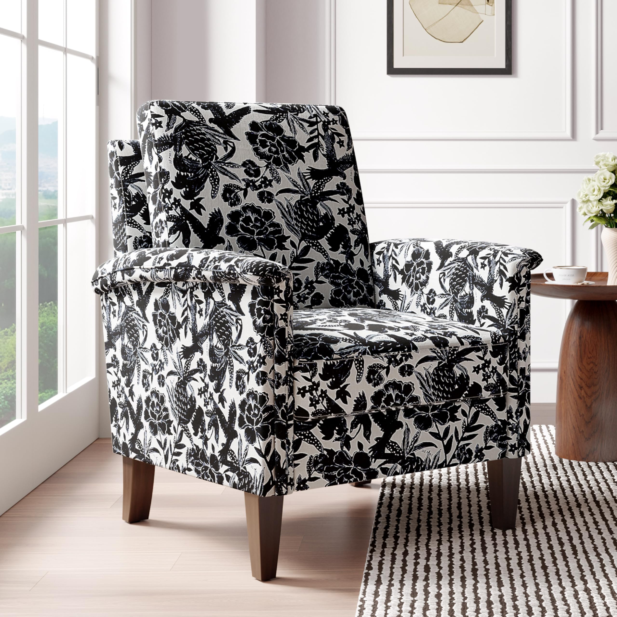 zzlay Accent Chair, Modern Floral High Back Upholstered Armchair with Solid Legs for Living Room, Spring-Padded Cushion and Removable Back Cushion