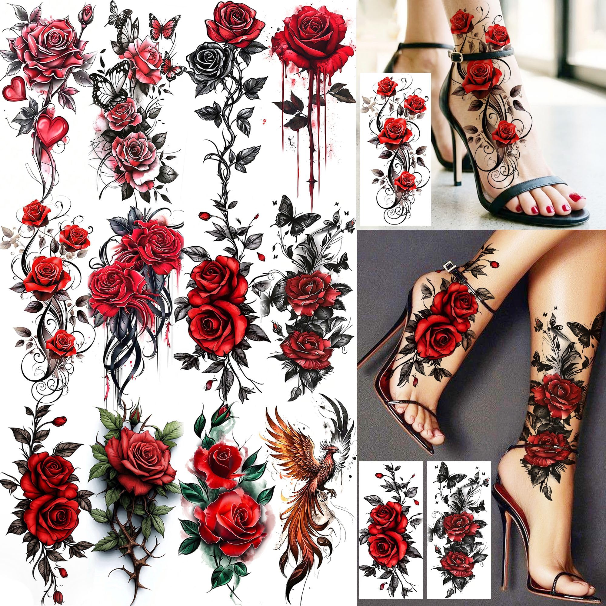 Bilizar 12 Sheets 3D Red Rose Temporary Tattoos For Women Adults Arm Leg Foot Tattoo Sticker, Realistic Phoenix Floral Branch Fake Tattoos Flower Butterfly Body Art Waterproof Long Lasting Temp Tatoos