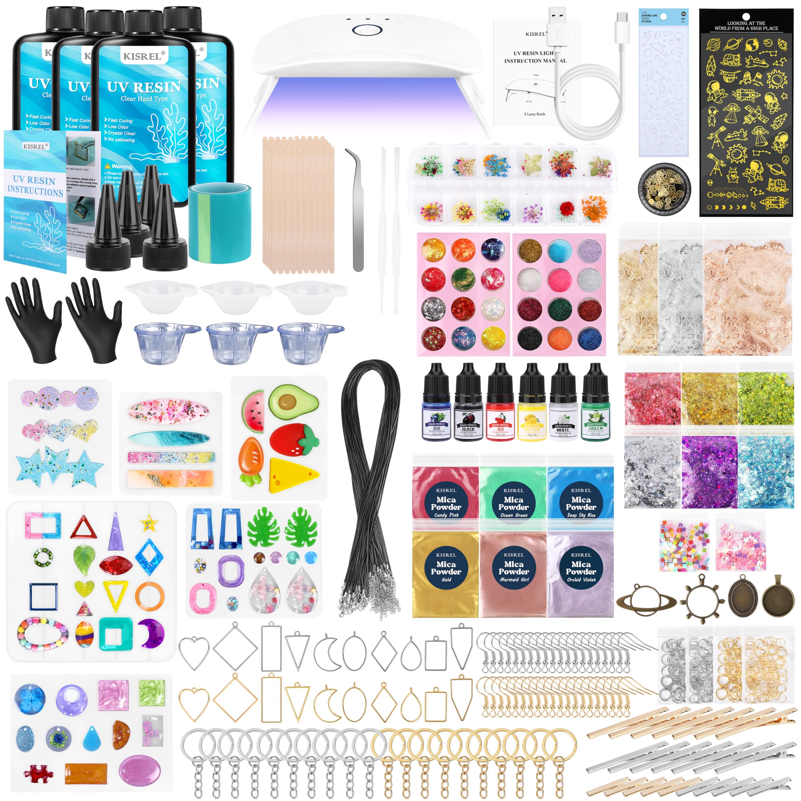 UV Resin Jewelry Making Kit, 400g Crystal Clear Resins with Light and Molds, DIY Jewelry Making Resin Kits, Resina Starter Kit for Keychain, Hair Clip and Earring