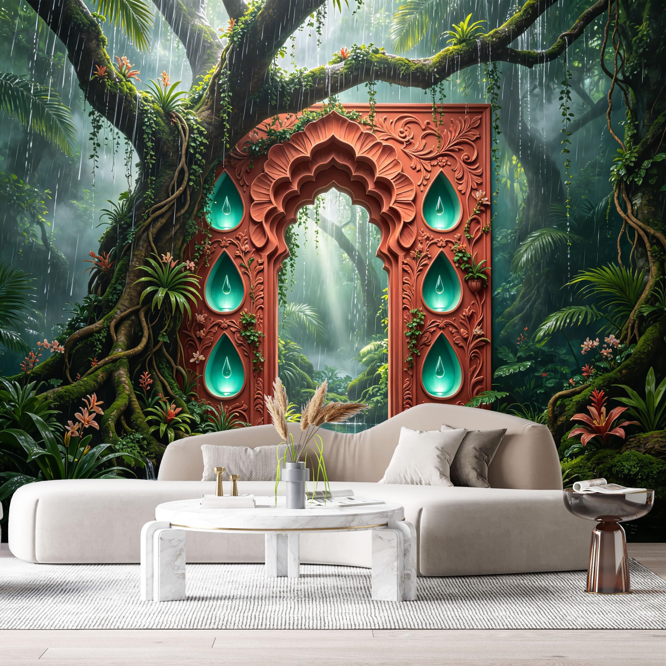 Custom Size Wall Murals Jungle Tropical Mystical Archway Teal Gems 3D Trompe L'Oeil SelfAdhesiveWall Fabric Removable Wallpaper Wall Decor for Living Room Bedroom Bathroom