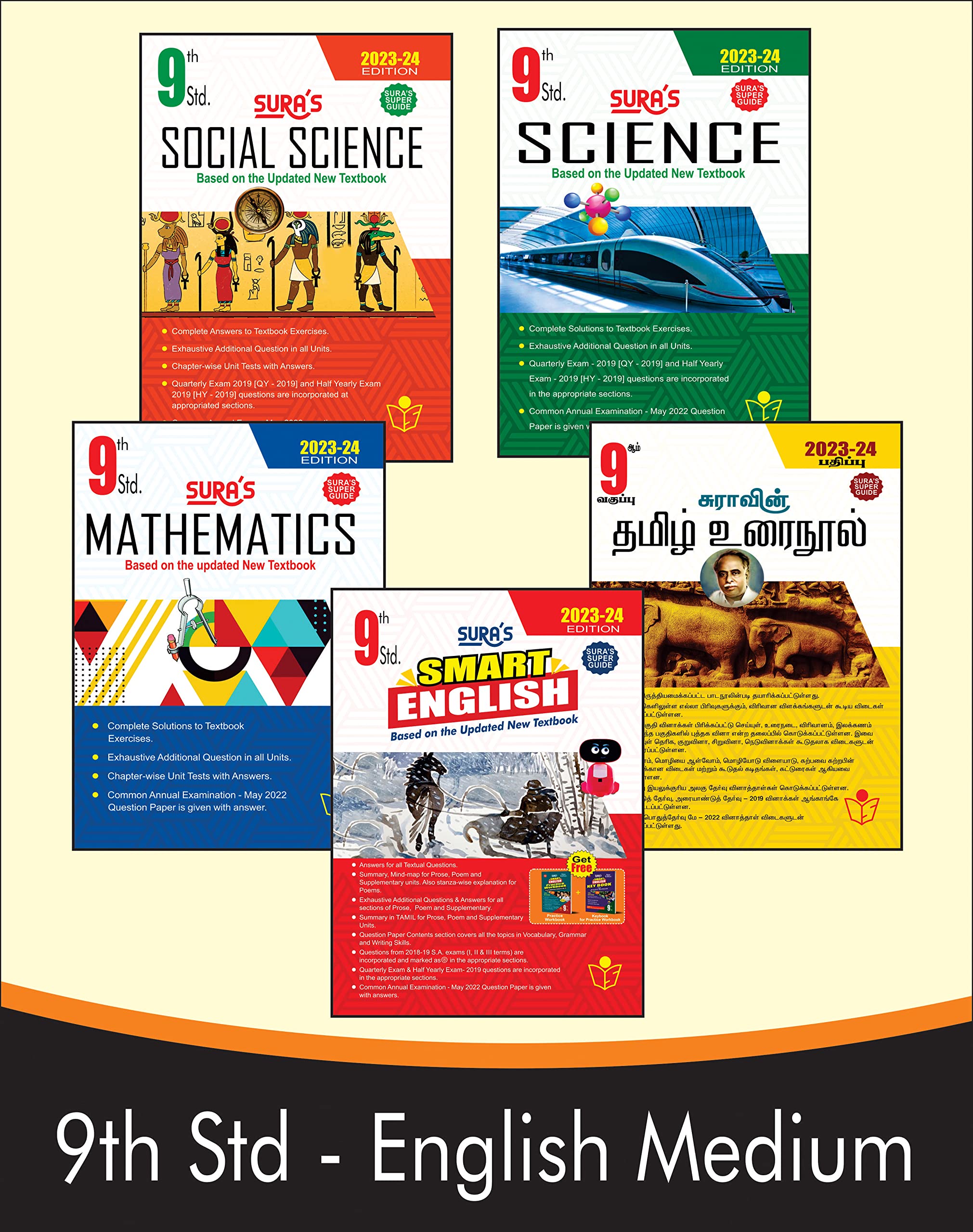 SURA`S 9th STD All subjects in 1 bundle Offer (Tamil, English, Maths, Science, Social Science) Set of 5 Guides - English Medium 2023-24 Edition - based on Samacheer Kalvi Textbook 2023
