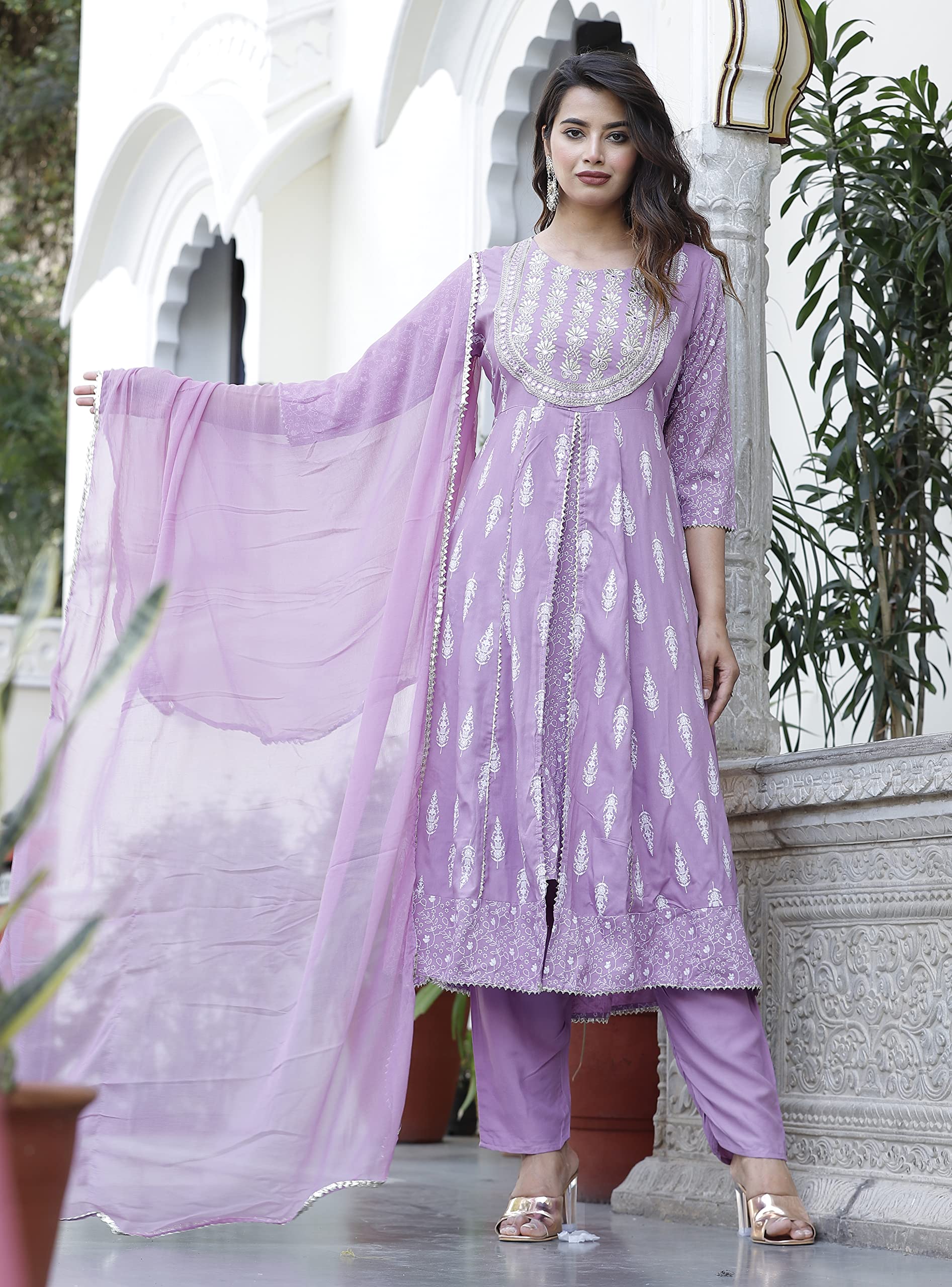 JD Finishing Rayon Printed Kurta with Pants Dupatta Set for Women Girls Long Middle Cut Kurtis Stylish Latest New Trending Design Anarkali Kurta A (IN, Alpha, S, Lavender) 1