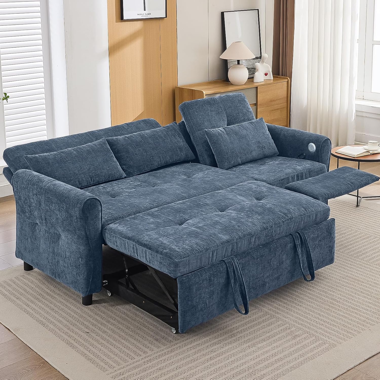 2-in-1 Sleeper Sofa with Pull Out Couch Bed and a Reversible Recliner, 82'' Convertible Chenille Cloud Couch with USB & Adjustable Backrest Comfy Recliner Couches for Living Room Apartment (Orange)