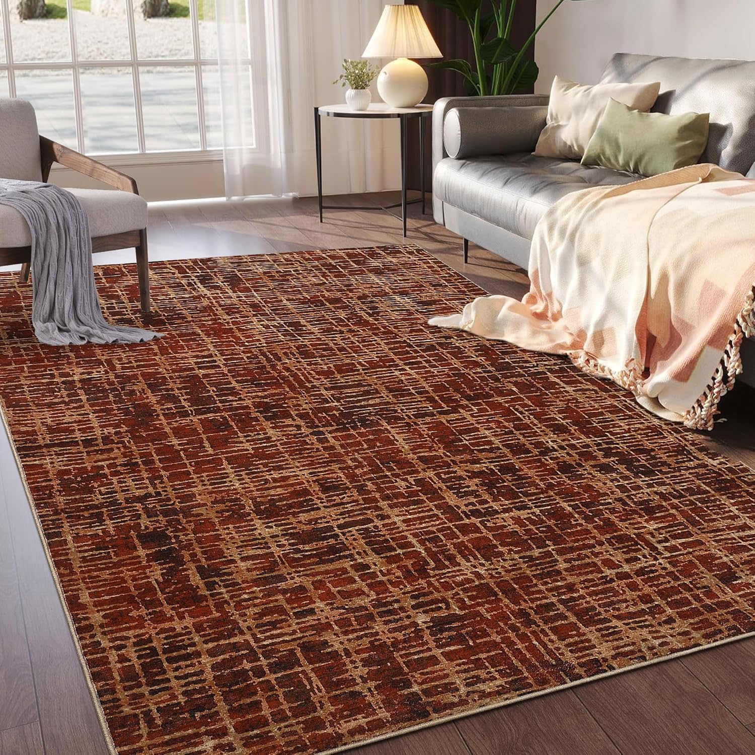 GarveeHome Washable Rug 9x12 Area Rug for Bedroom Geometric Modern Living Room Rug Farmhouse Non Slip Large Area Rug Soft Throw Rugs Stain Resistant Carpet for Dining Room Nursery Red 9 ft x12 ft