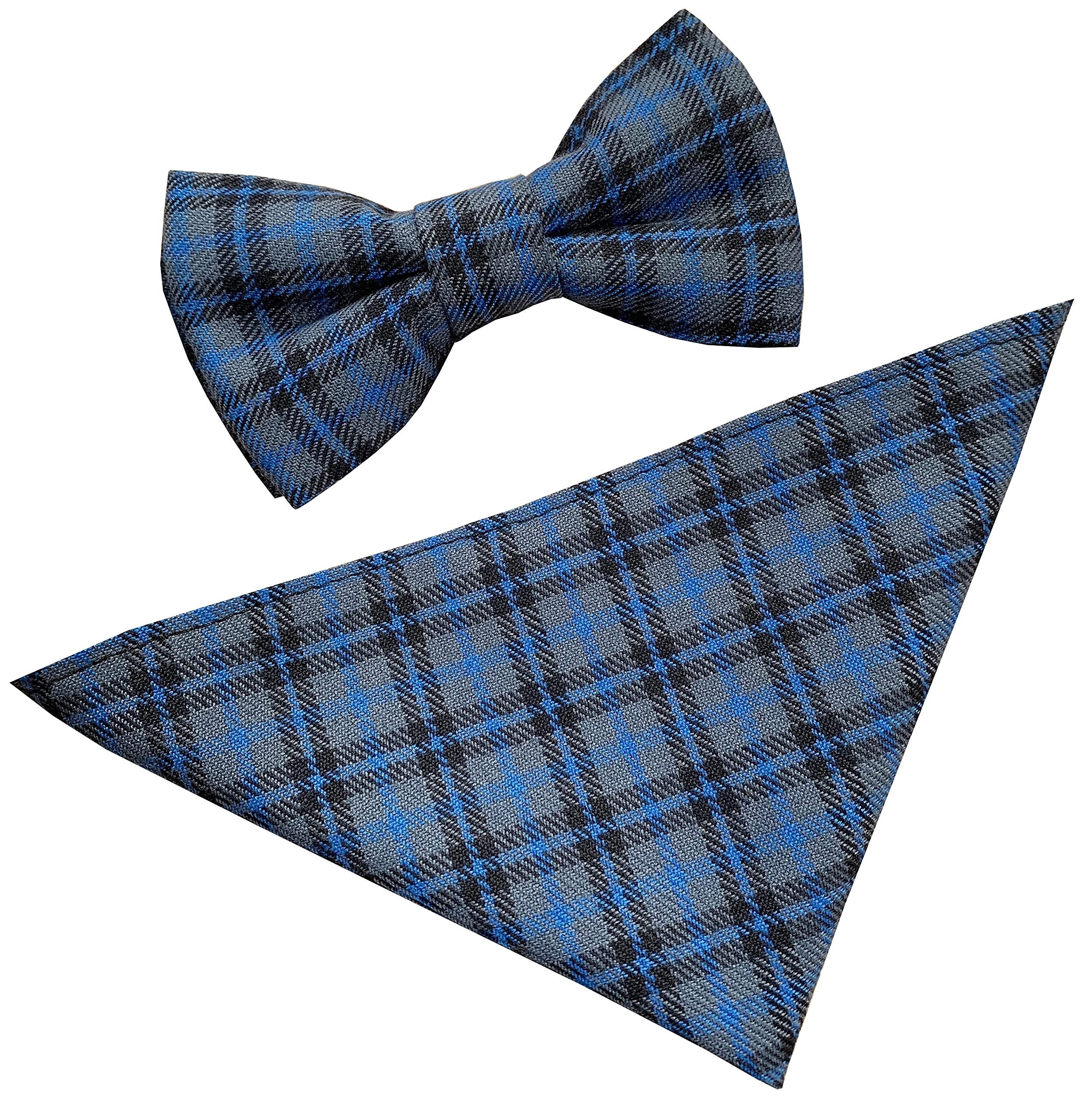 Great British Tie Club Men's Blue, Black Bedford Blue Tartan Bow Tie & Hanky Set