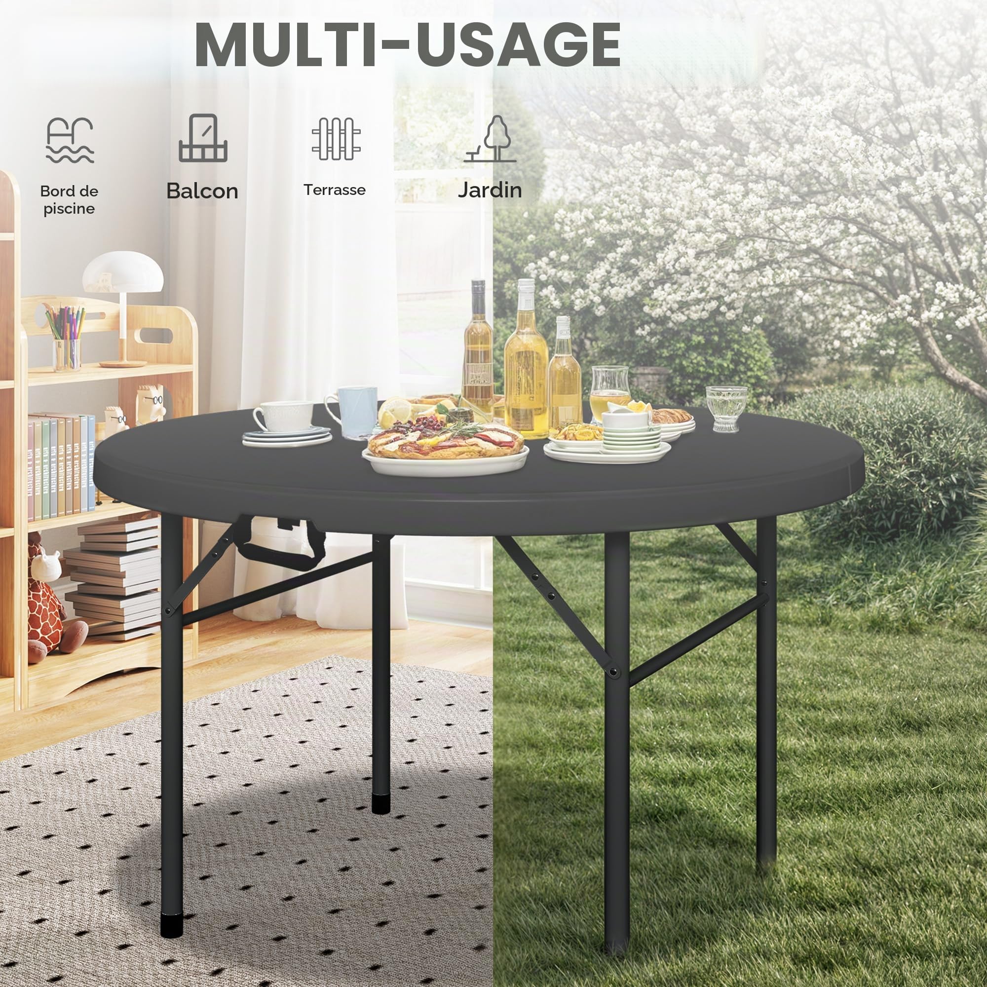 DWVO 122 cm Table Pliante Ronde, Table de Pique-Nique d'Extérieur Robuste