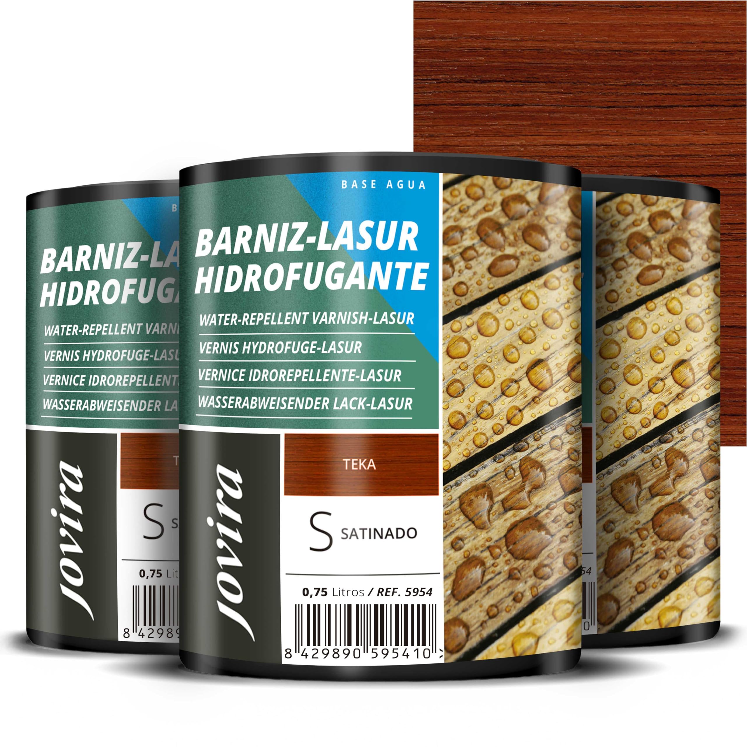 JOVIRA PINTURAS Impregnante legno (3x750 ml Teak) Lasur idrorepellente protettivo satinato all'acqua protegge, decora e impreziosisce tutti i tipi di legno. (3x750 Millilitri, Teak) A-33-3