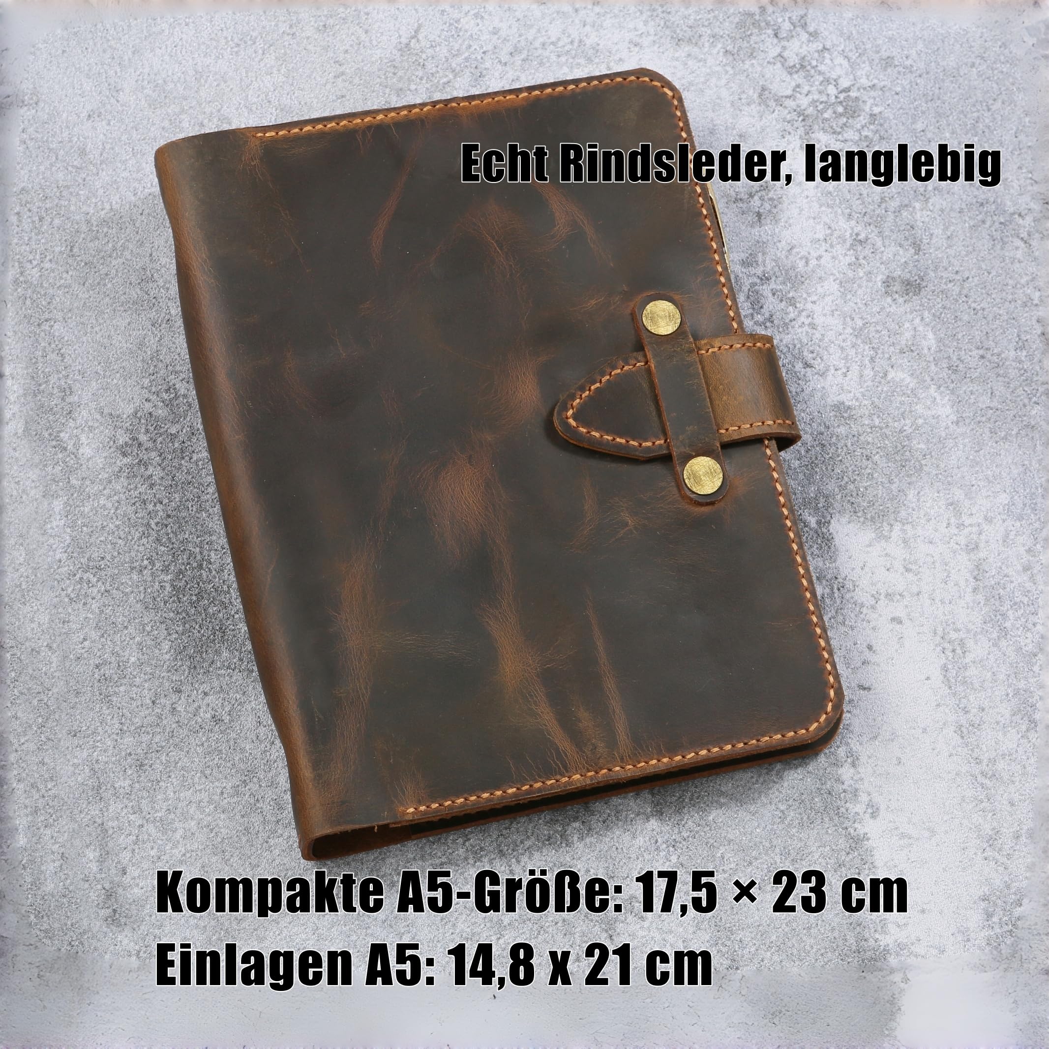 A5 Ringbuch-Notizbuch aus Vollnarben-Rindsleder, nachfüllbares Leder Tagebuch mit 6-Ring-Mechanik, YKK-Reißverschluss, Zusatzhüllen & Messing-Druckknopf, Retro Look Schreibmappe/Business Organizer
