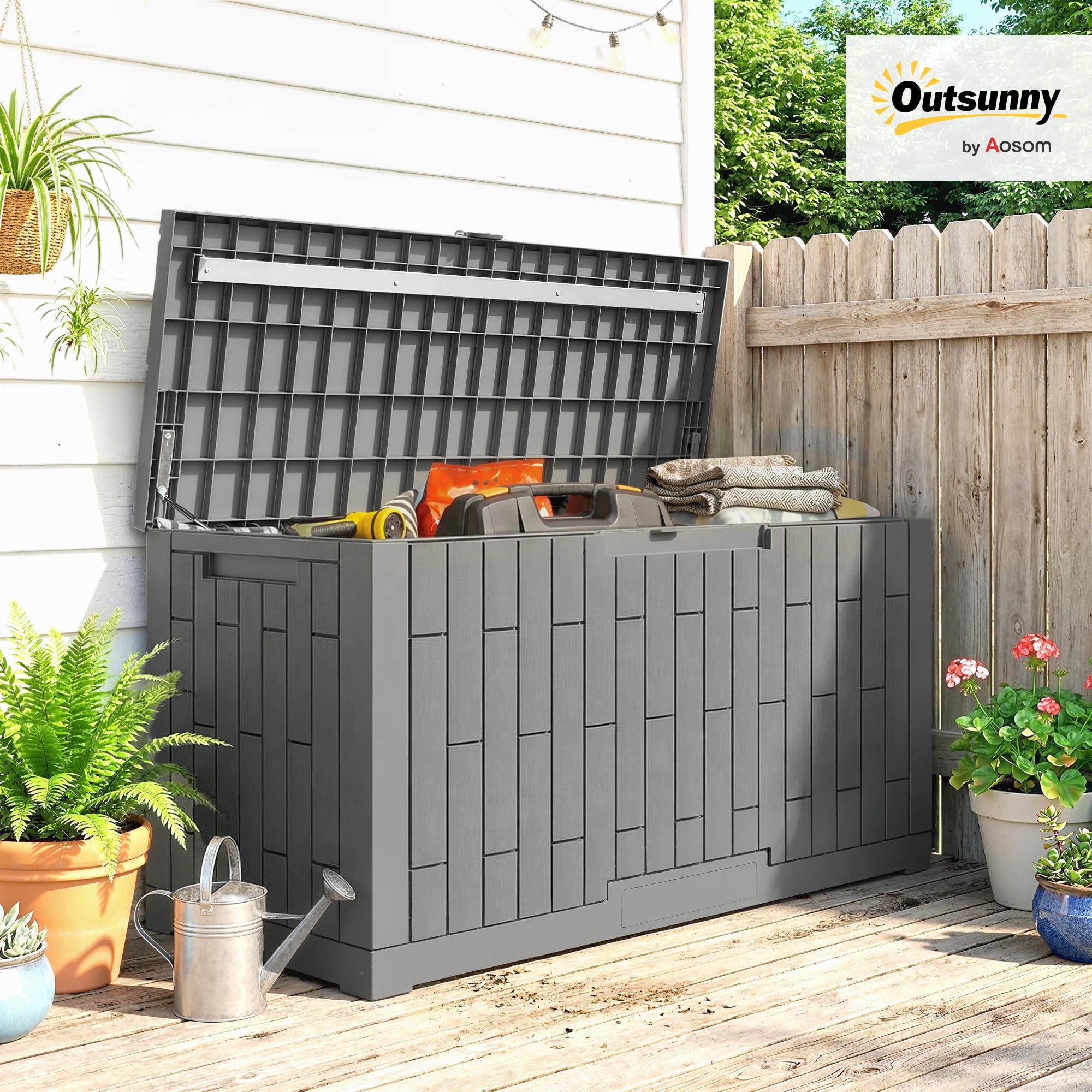 Outsunny Coffre de Rangement Extérieur 379 L Verrouillable avec Vérin à Gaz, Boîte de Jardin en Aspect Bois Résistant aux UV, pour Outils Accessoires, 122,5x56x62cm, Gris