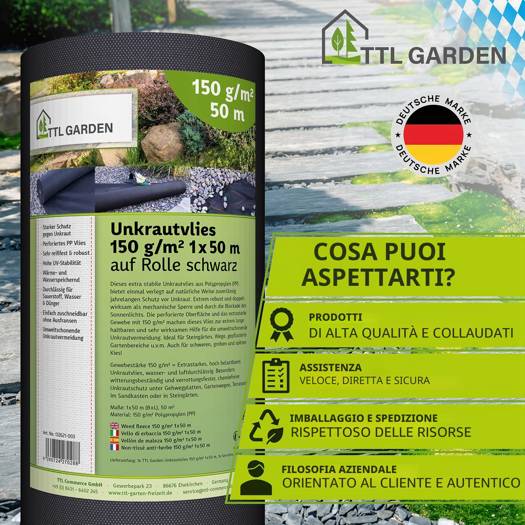 TTL GARDEN 150 g/m² Unkrautvlies 50 m² 1x50m Rotolo - impermeabile e extra resistente 50 x 1 m di larghezza Vlies per giardino su rotolo - Barriera antiradici UV-stabile per giardino Vlies contro le