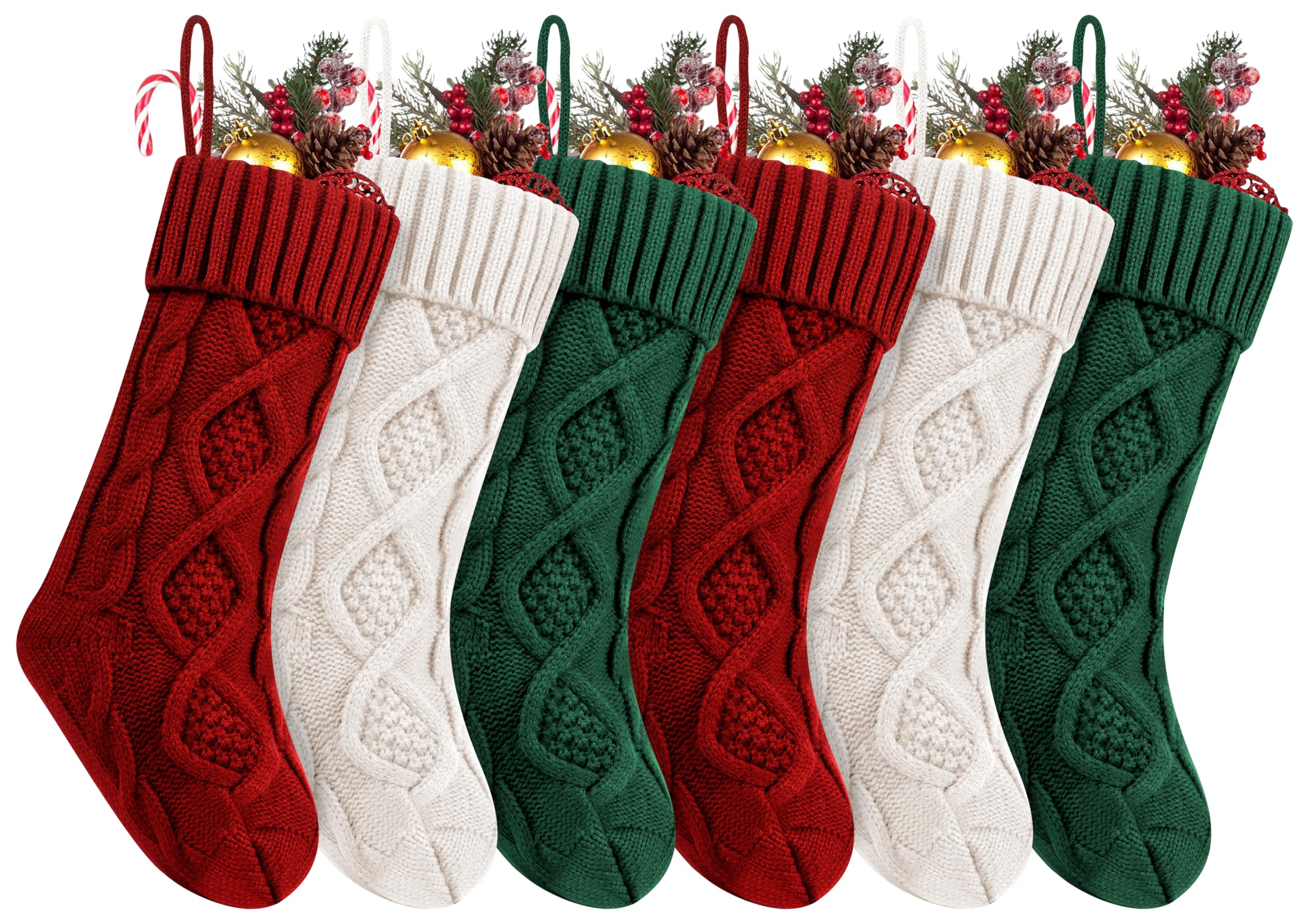 6Pack Personalized Christmas Stockings with Leather Custom Self-Adhesive Name Tags, 18 Inches Cable Knitted Stocking for Family, Xmas Holiday Party Gifts & Decoration for Fireplace(White&Red&Green)