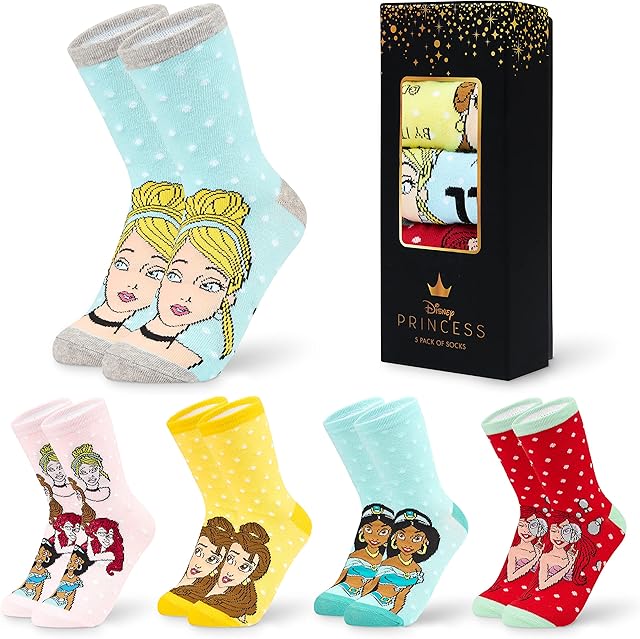 Disney Womens Socks, 5 Pairs Ladies Socks Princess & Villains 4-7, Gifts
