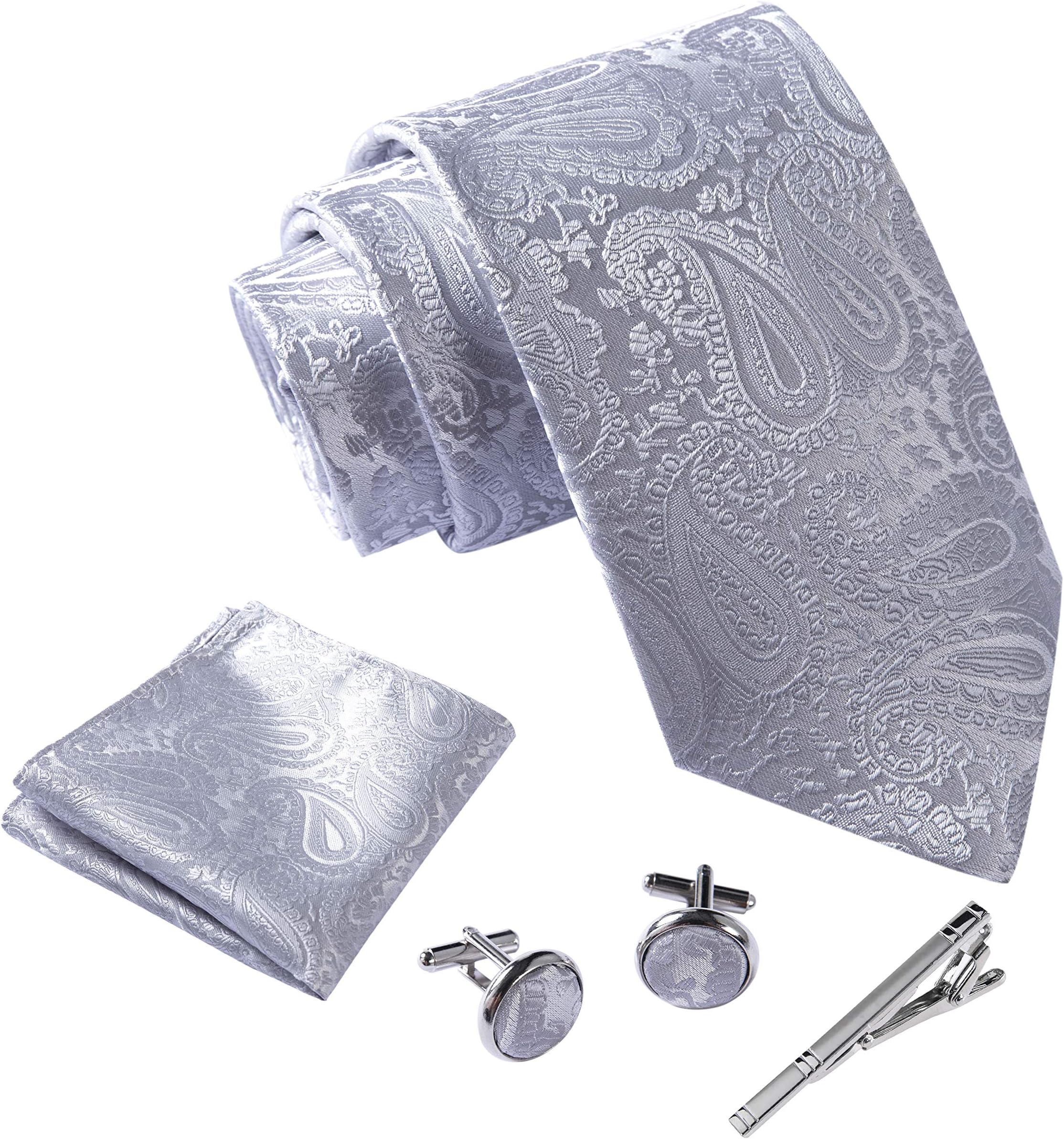 Massi MorinoMen's Tie Set with Pocket Square, Cufflinks, Clip and Gift Box for Wedding