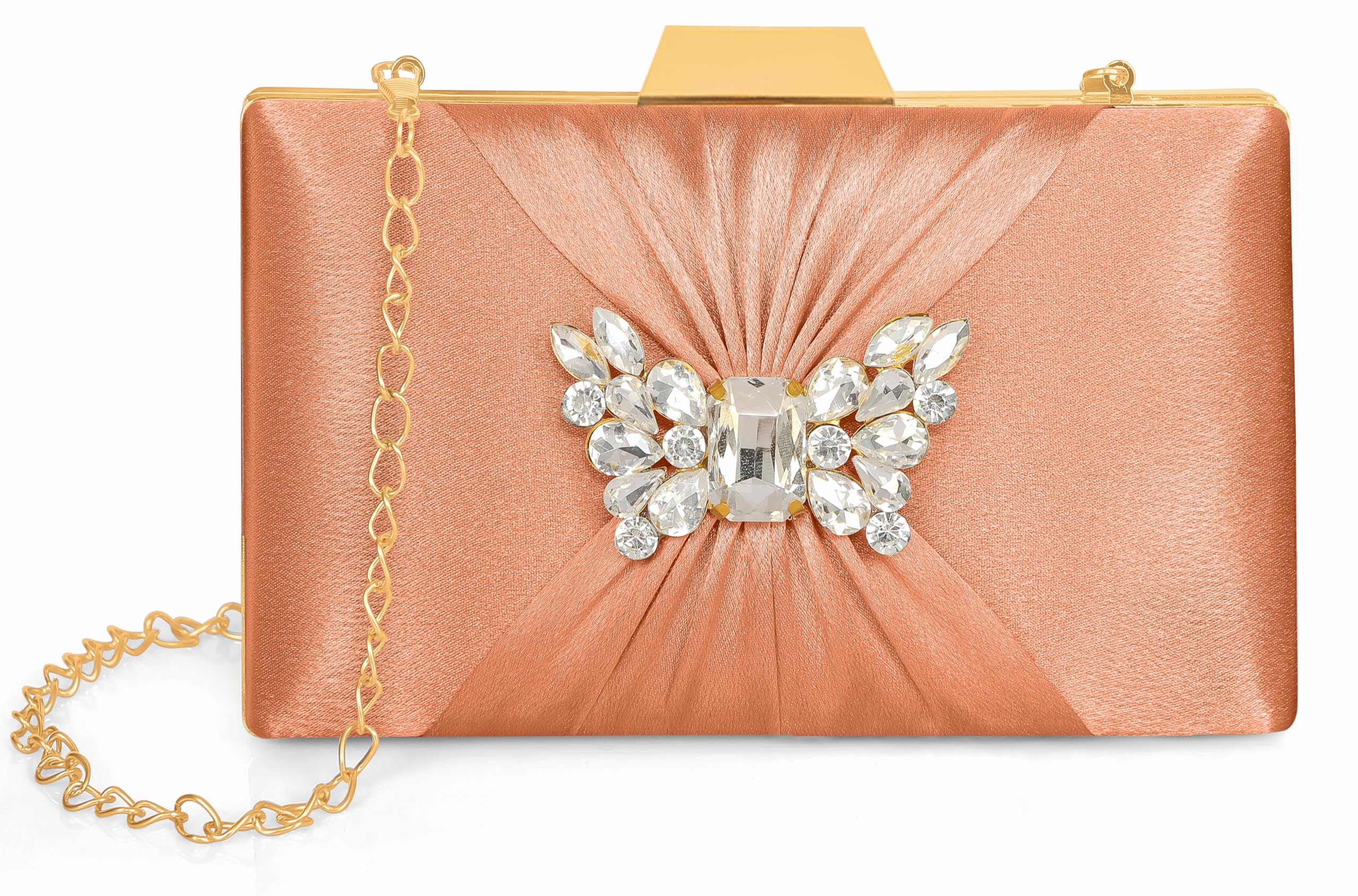 MISHA Sophisticated Satin Clutch with Straight Diamond and Removable Chain Strap (Peach)