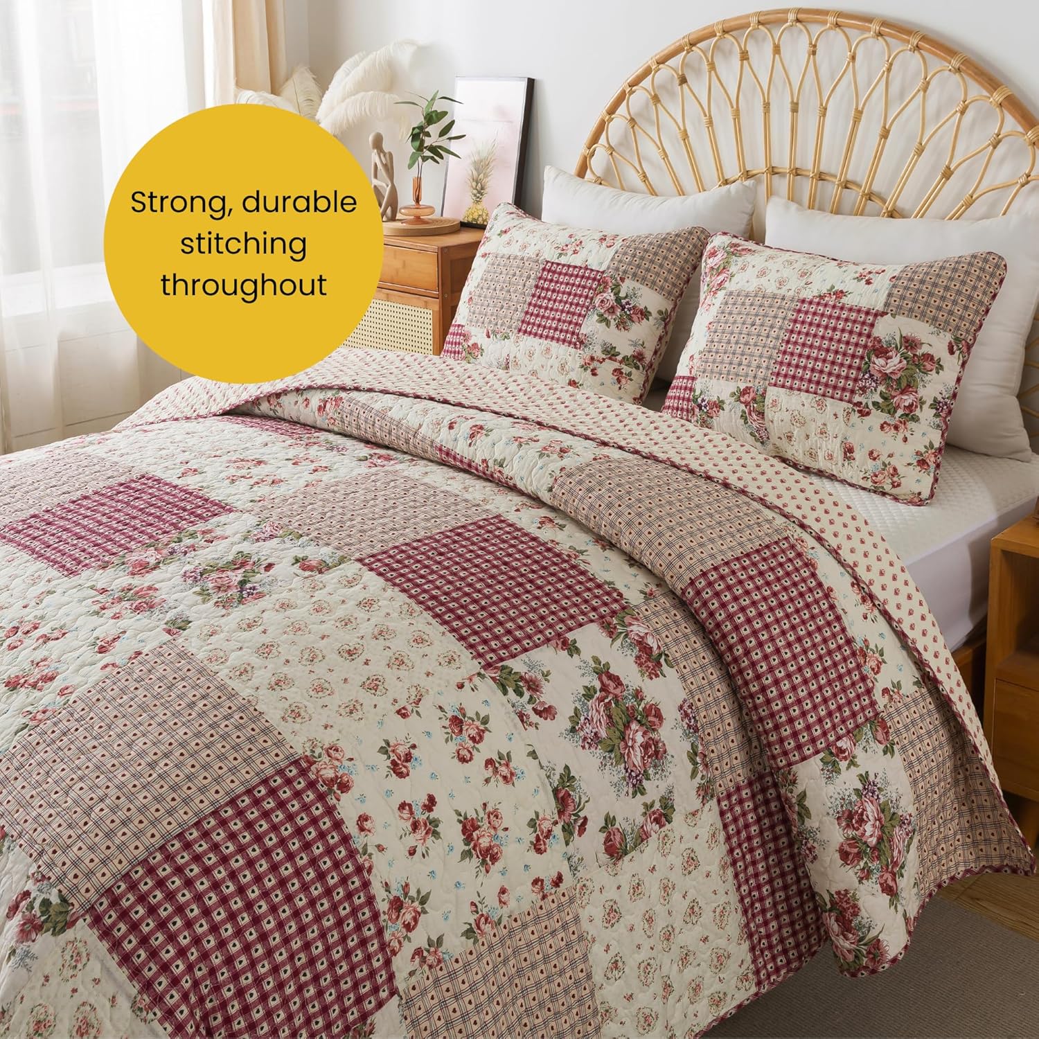 SLPR Country Roses Patchwork Cotton Pieced Quilt Set - Twin Size with 1 Sham, French Country Style Floral Bedding, Red Rose Farmhouse Quilted Bedspread with Flower Pattern - Image 4