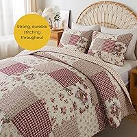 Vista 4 de SLPR Country Roses - Juego de edredón de algodón con diseño de retazos, tamaño King con 2 fundas, ropa de cama floral de estilo rural francés