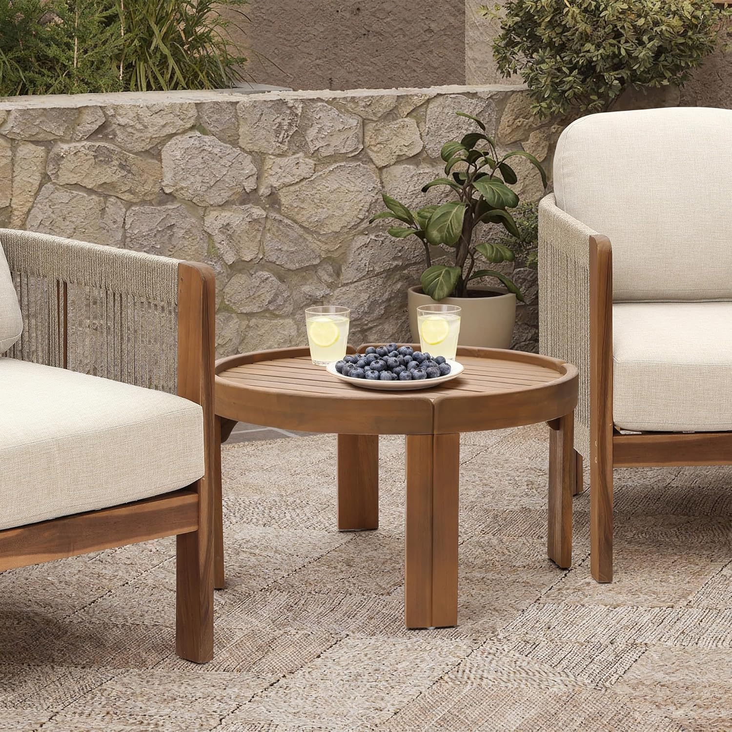LuxenHome 27.5" Dia Outdoor Round Coffee Table, Acacia Wood Patio Table with Raised Edge, Small Wooden Garden Coffee Table for Balcony, Patio, Porch