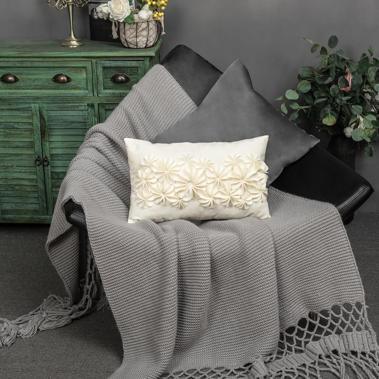 KINGROSE 3D Handmade Flowers Decorative Throw Pillow Cover Solid Velvet Artistic Cushion Covers Home Decor Pillow Case for Sofa Couch Chair 12 x 20 Inches Cream Velvet