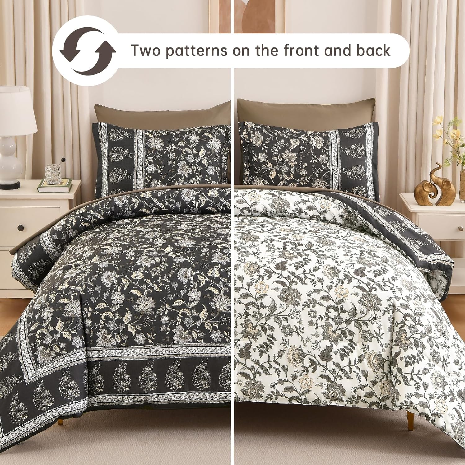 Dinjoy Boho Comforter Set Queen,Brown Gray Bedding Paisley Floral 7 Piece Bed in a Bag Reversible Lightweight Bohemain Comforters with Sheet Sets for All Season