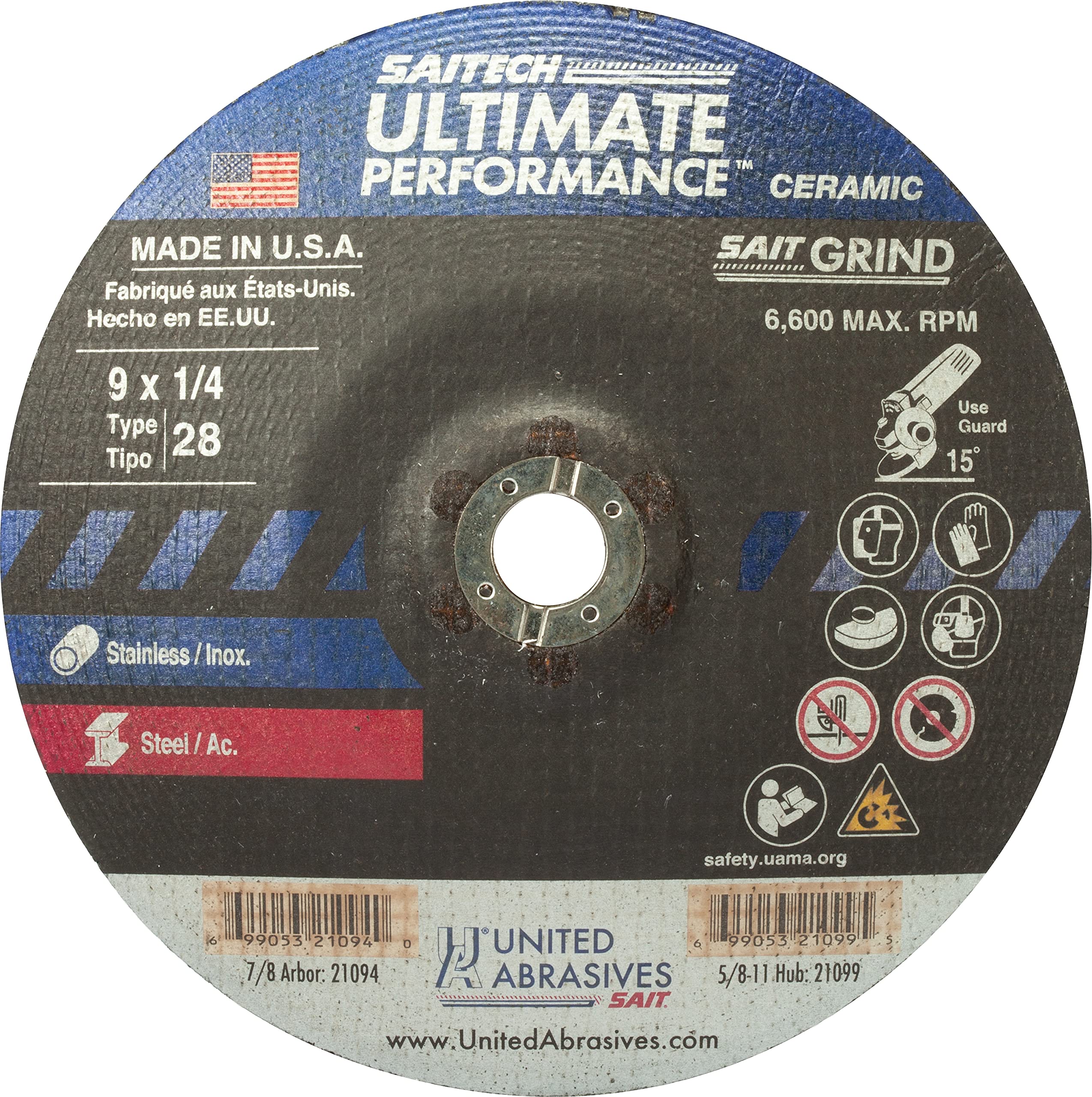 United Abrasives SAIT 21094 9x1/4x7/8 Saitech Ultimate Performance No Hub Type 28 Grinding Wheel, 25 Pack