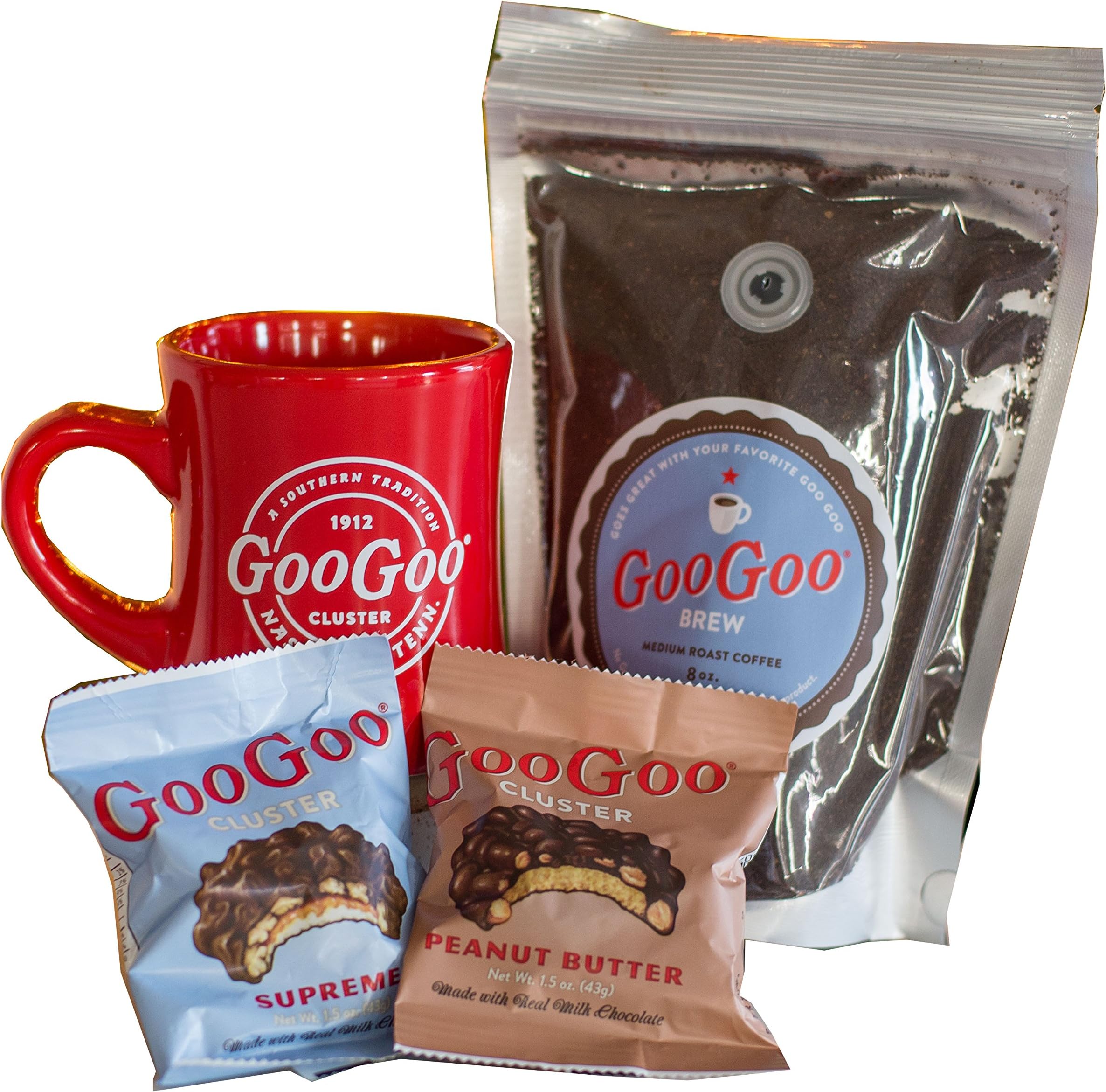 GooGoo Brew Gift Set - Includes Coffee (8oz), Mug, and 2 GooGoo Clusters! (Peanut and Supreme)