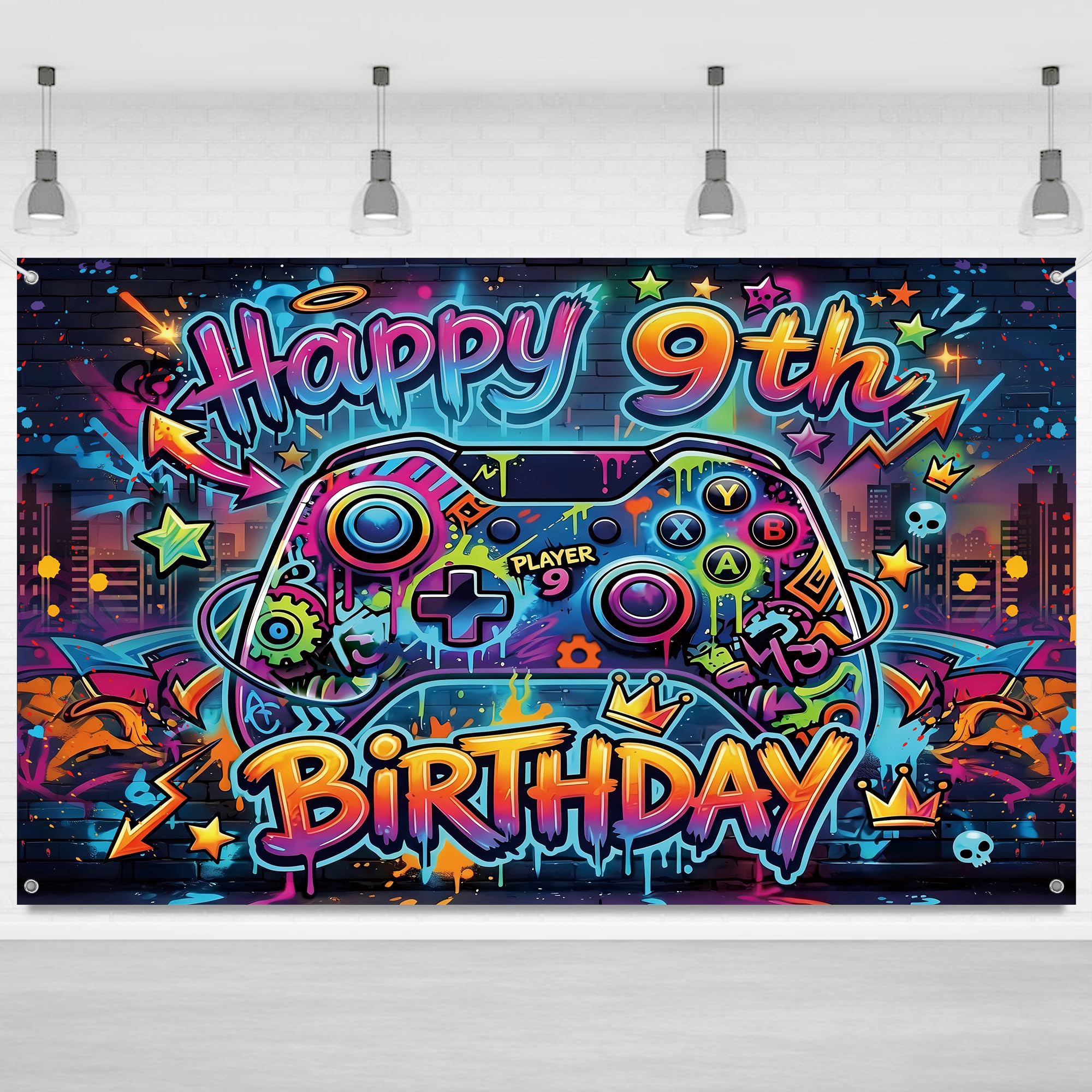 Game 9th Birthday Decorations Banner - Happy 9th Birthday Banners(180 X 110 cm) Gamer Themed Photography Backdrop Son Grandson Nephew for Boys 9 Year Old Party Decoration Supplies